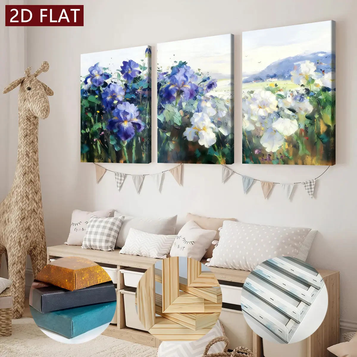 2D Flat Painting, 3-Piece Set of Framed Canvas Paintings - Purple and White Iris Flowers, Framed with Edges, Suitable for Home Decoration, High-Definition Ink Canvas Poster, Suitable for Bedroom, Dining Room, Modern Minimalist Decor, Spring and Autumn Off