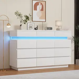 12 Drawer Dresser - 59" Wide Wooden Chest - LED Lighting - Ample Storage Drawers - Anti-Tipping Structure - Contemporary Bedroom Living Room Furniture, White/Black(2 Boxes)