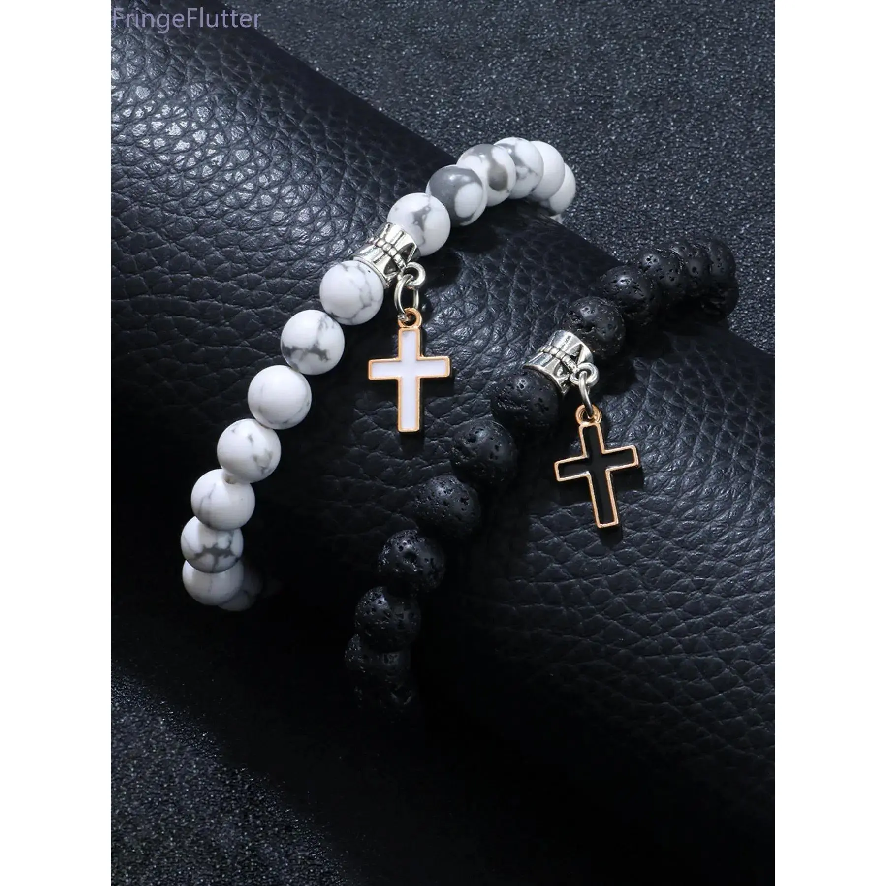 Couple's 2-Piece Cross Design Crystal Bracelet Set, Matching Pairs Fashionable Exquisite Stack Jewelry, White Obsidian All-Match Bracelets for Women, Anniversary Romantic Gift & Birthday Leisure Accessory