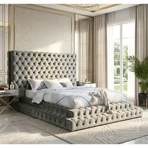 Glam Platform Bed with Tufted Headboard No Box Spring Needed