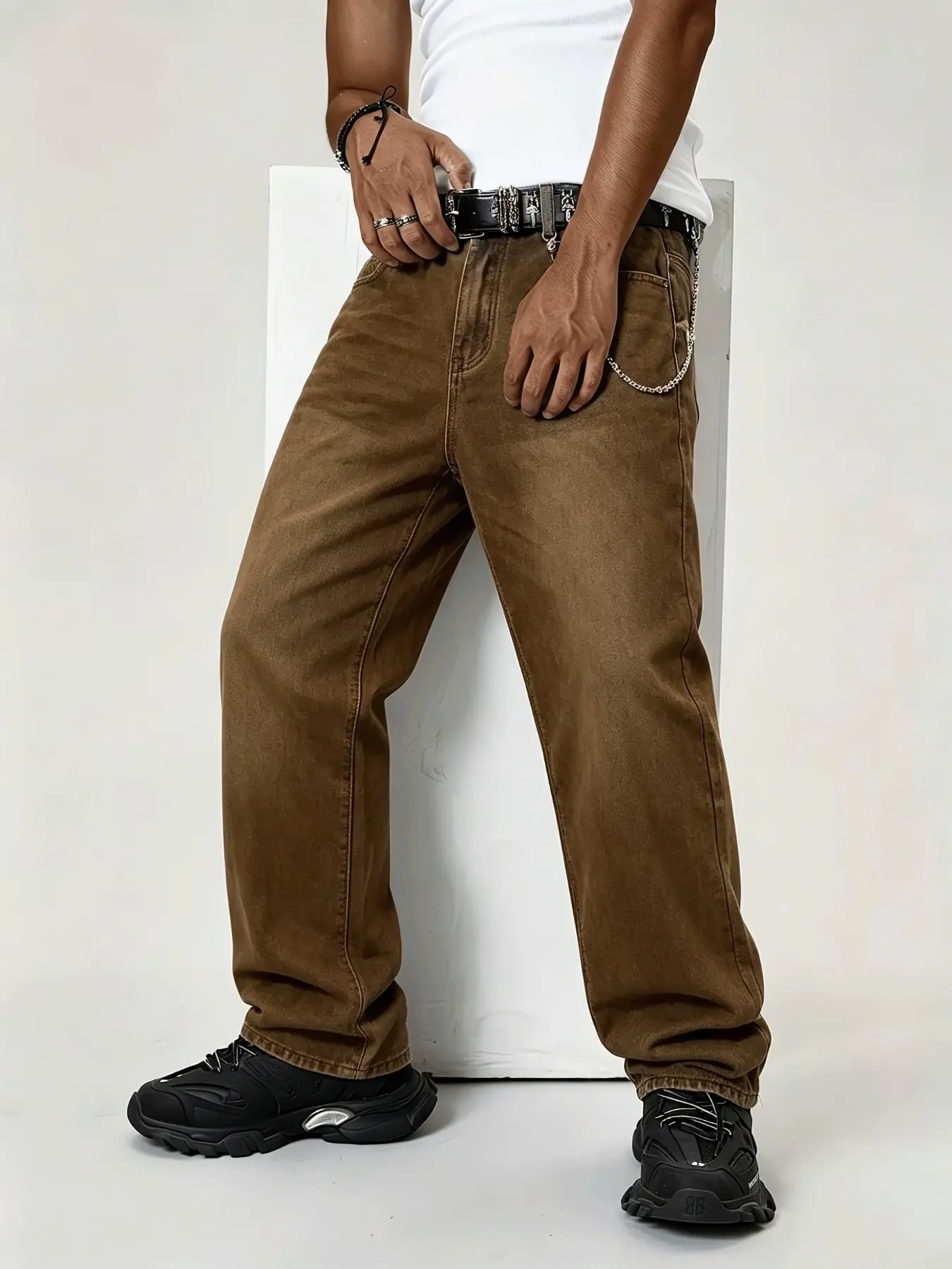 Men's Coffee Straight Leg Jeans, Straight Leg Design, Streetwear Style, Simple and Versatile Casual Long Pants, Comfortable and Trendy