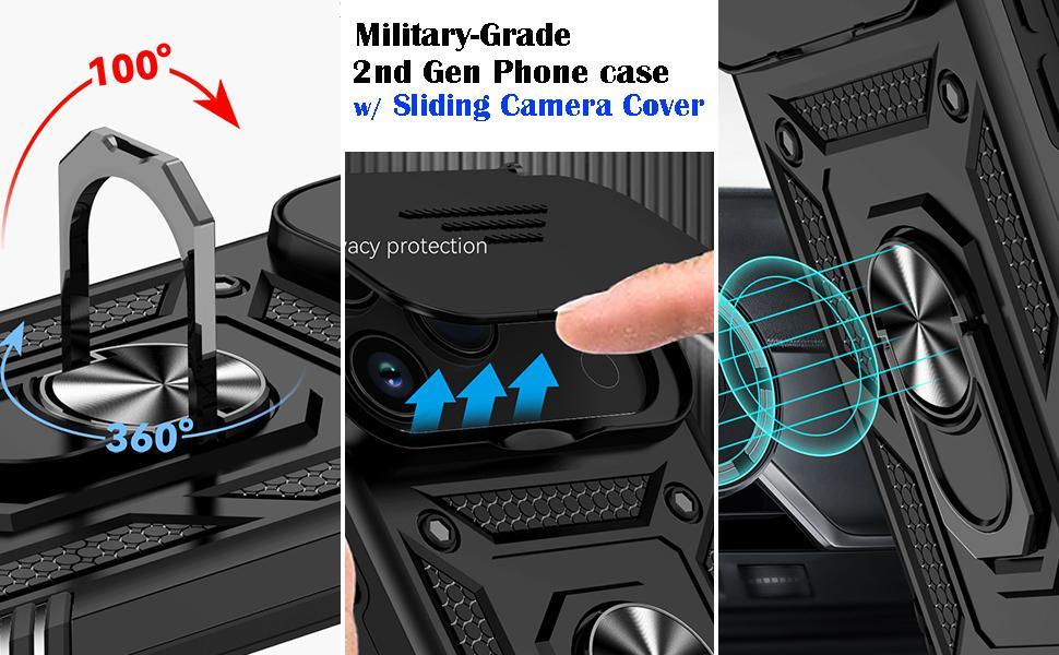 for iPhone 17 Pro Max Case, with Slide Camera Cover HD Screen Protector [Military Grade 16ft. Drop Tested] Ring Holder Kickstand Protective Phone Case for Apple iPhone 17 Pro Max, Black