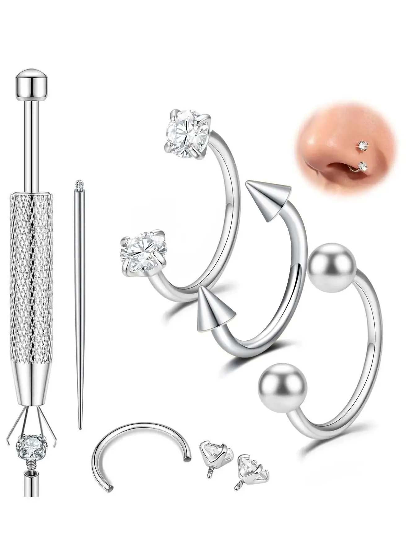 20Gauge Horseshoe Nose Ring, Surgical Steel Hoops with Double Cz Gems, Hypoallergenic Septum Ring, Small Cartilage Helix Tragus Daith Labret Jewelry 8mm