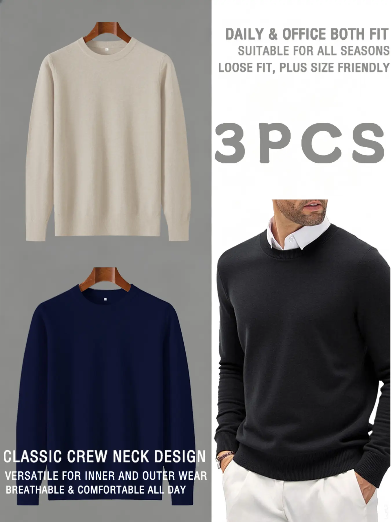 3-Pack Men's Autumn & Winter Casual Classic Crew Neck Long Sleeve Breathable Knit Sweaters