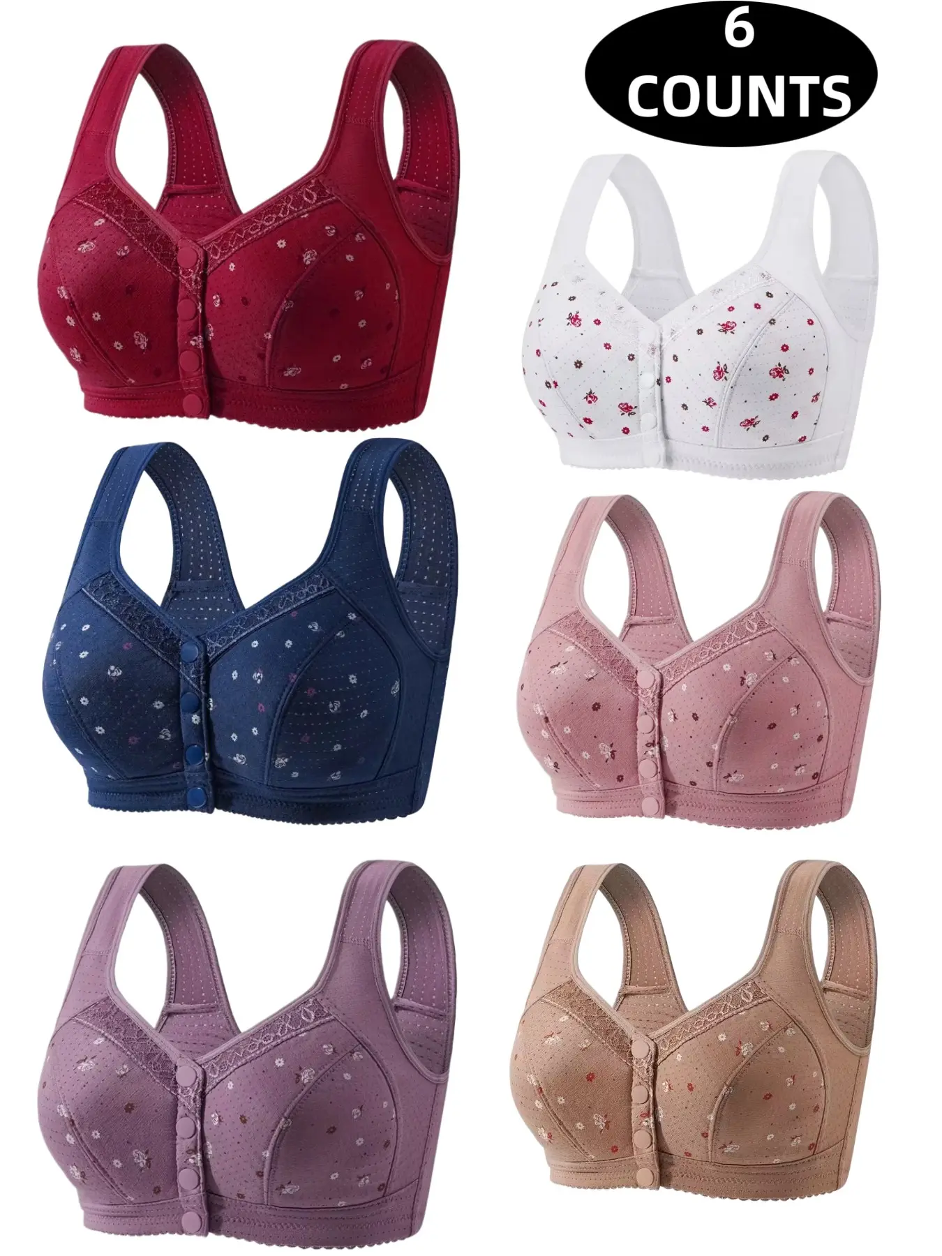 Women's Lace Floral Wireless Bra Set, Lined Wireless Bras, Comfortable Breathable Push-Up Bras, Medium Support, Front Buckle Design, All Seasons
