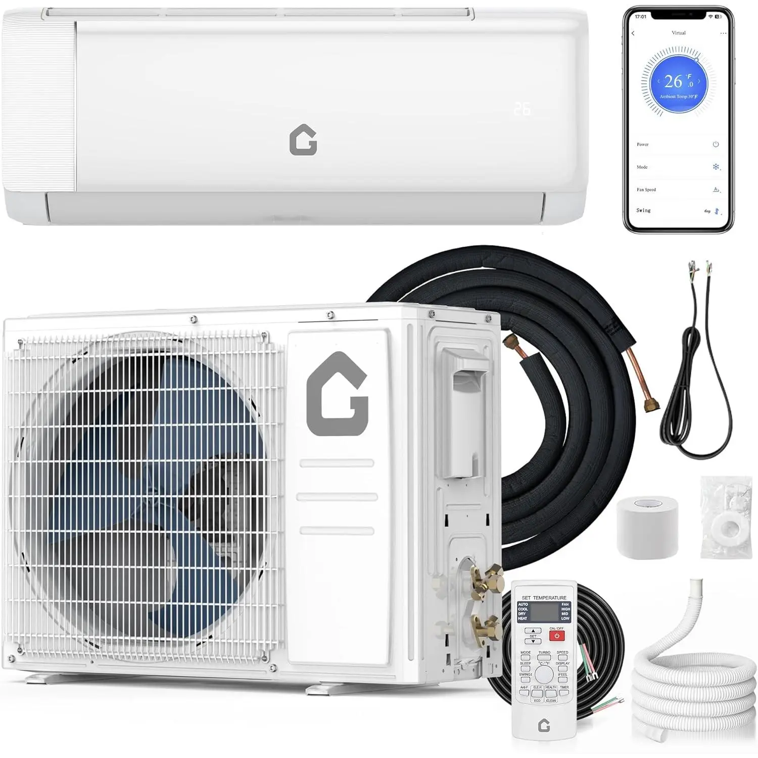 Ultra-Quiet 9000 BTU Mini Split, 20 SEER2 Inverter Heat Pump | 5-in-1 Mode | Smart WiFi, Follow Me Mode & Independent Dehumidifier | All-Weather Low Temp Heating | Pre-Charged for Easy Install, 230V