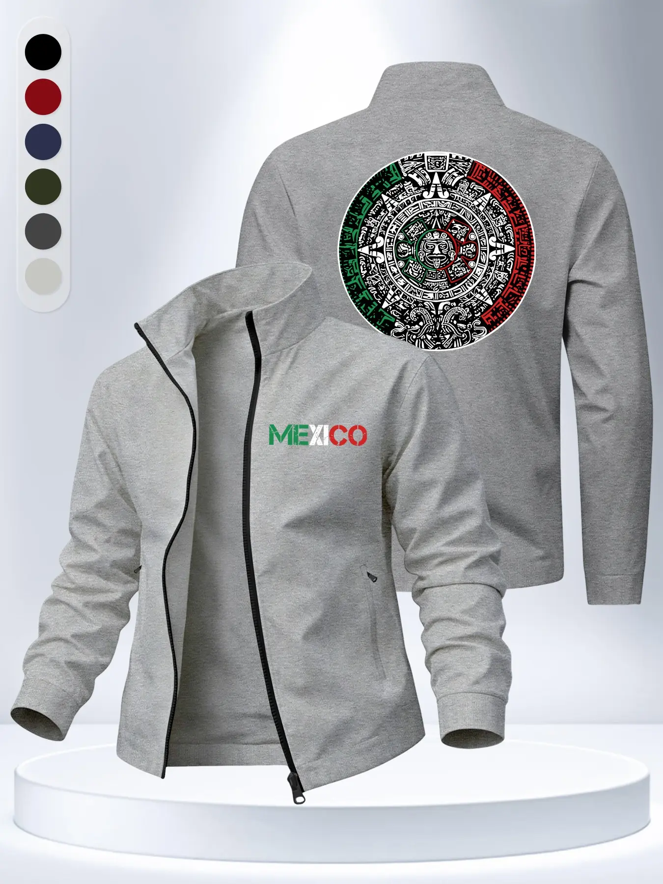 Mexican Aztec Sun Calendar Print Stand Collar Jacket, Men's Spring Fall Lightweight Full Zip Pocket Coat, Six Colors Versatile Casual Outerwear