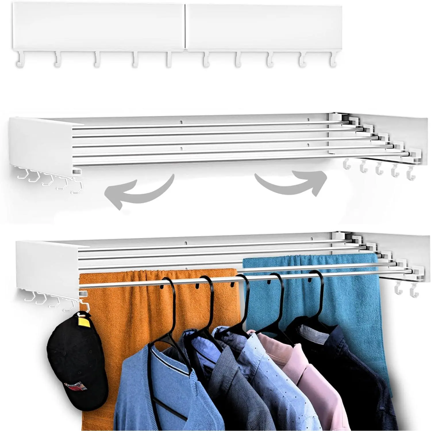 Foldable Wall Mounted Drying Rack - 31.5” Wide, 13.2 Ft Drying Space, 5  Rods, Supports Up to 60 lbs - Retractable & Foldable Space-Saving Wall Mounted Clothes Drying Rack (White)