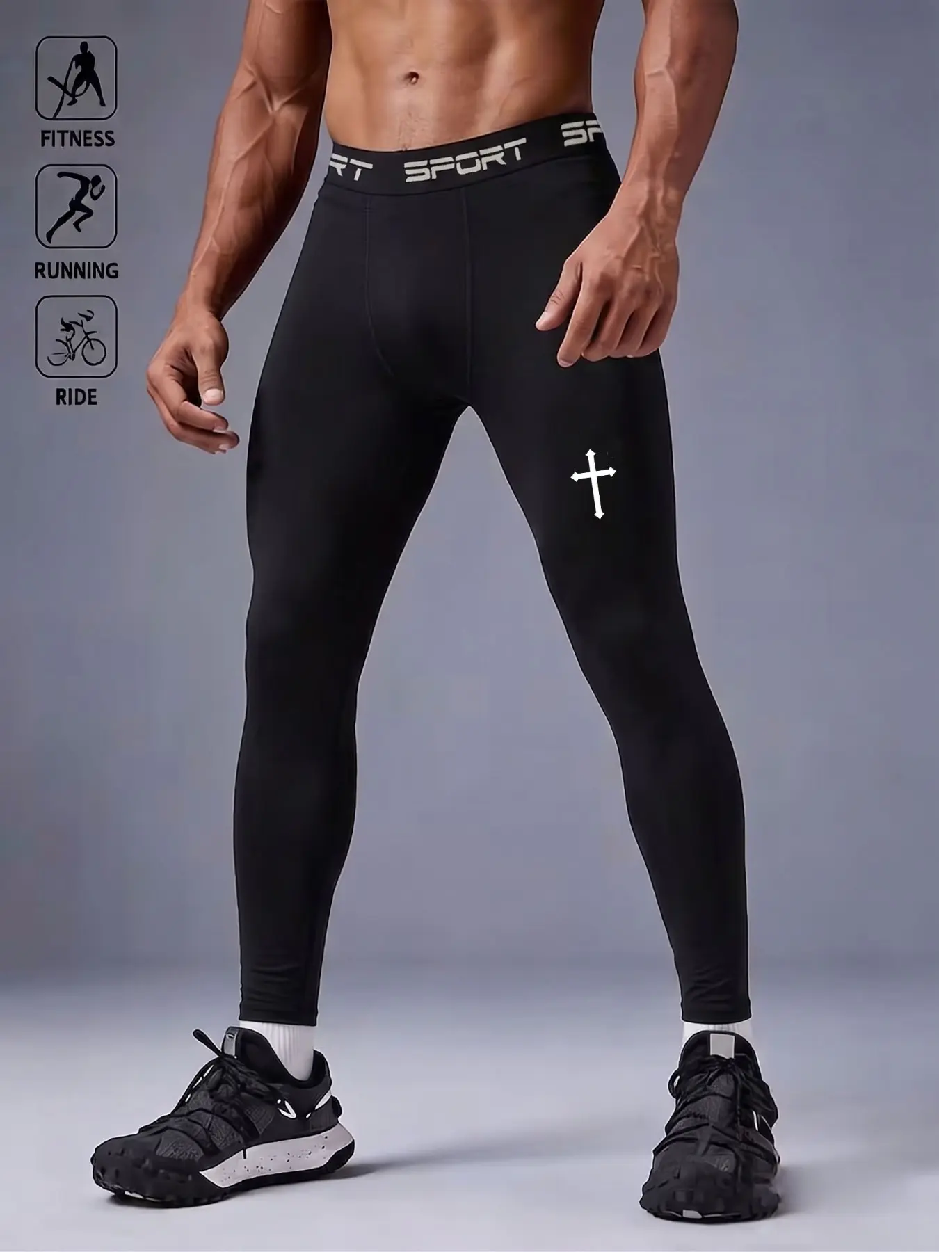 1 Pack Men's Compression Pants Athletic Leggings Black Cross Print High Stretch  Quick Dry Breathable Soft Base Layer Fitness Training Tights for Running Gym Workout Cycling Training Activewear Bottoms