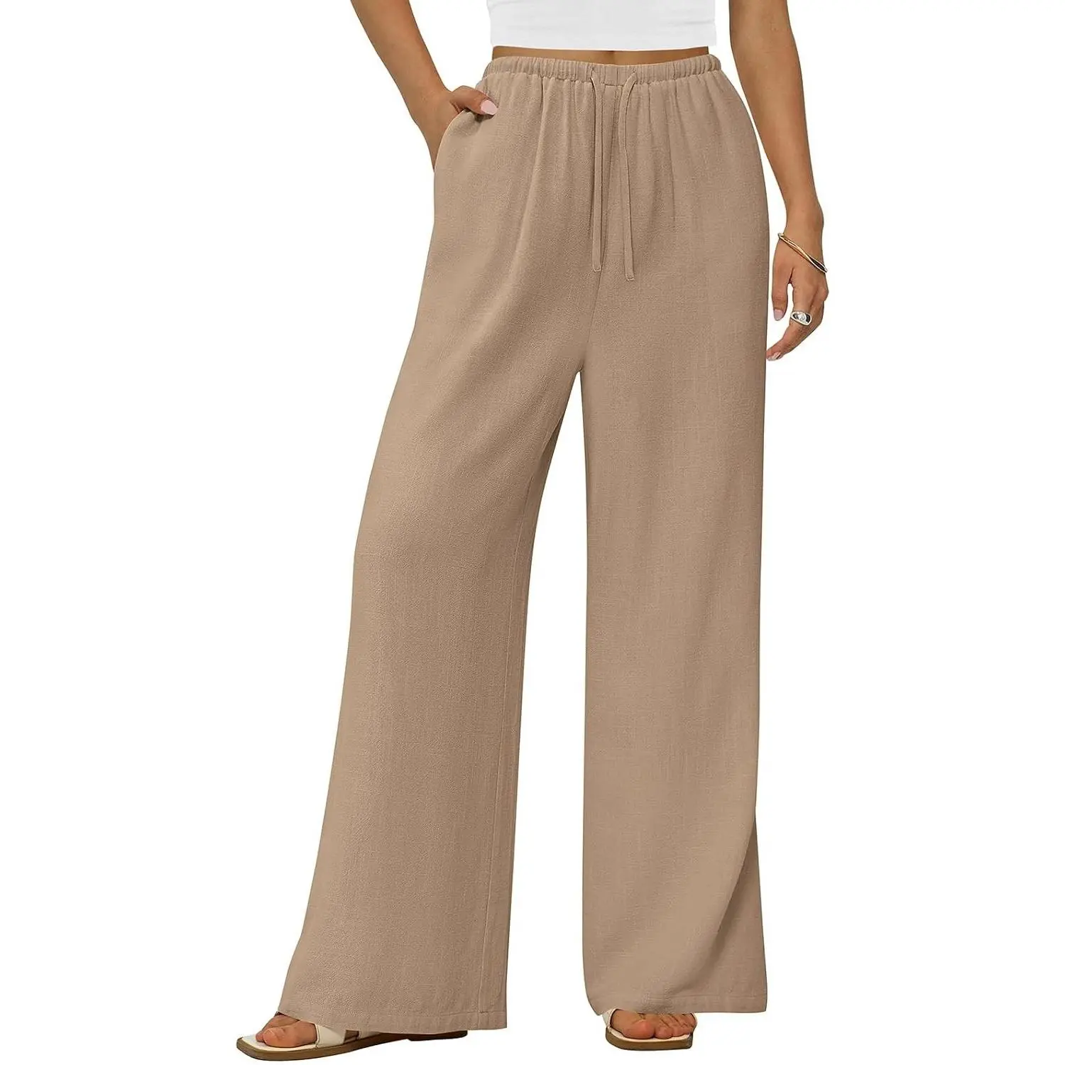 Summer Wide Leg Linen Pants Women with Pockets High Waist Drawstring Loose Casual Palazzo Lounge Pants Women