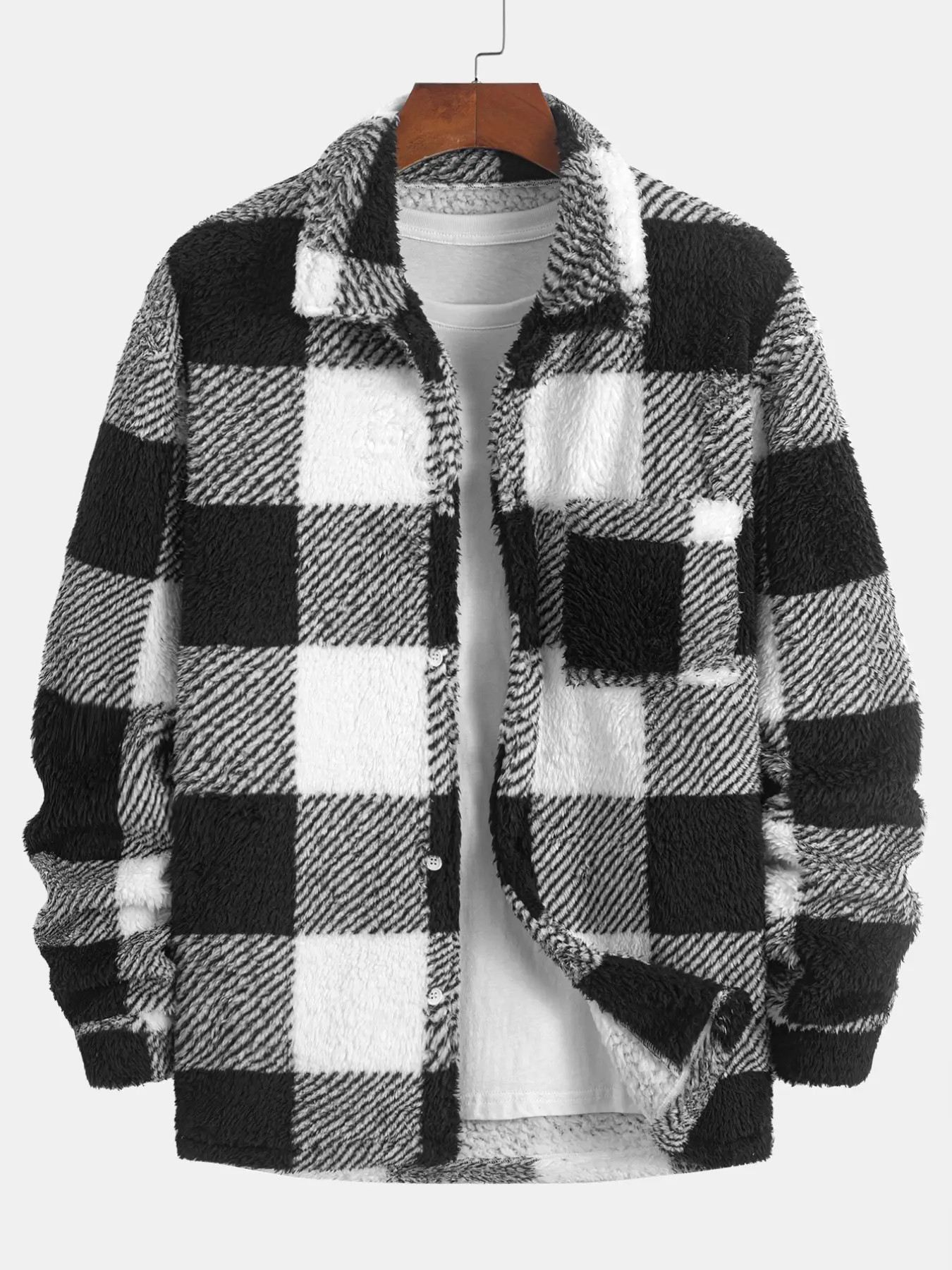 Men's Checked Shirt Jacket, Lapel Single Button Thickened Fall Winter Retro Casual Fleece Coat, Plaid Checked Outerwear, Loose-Fitting Outerwear