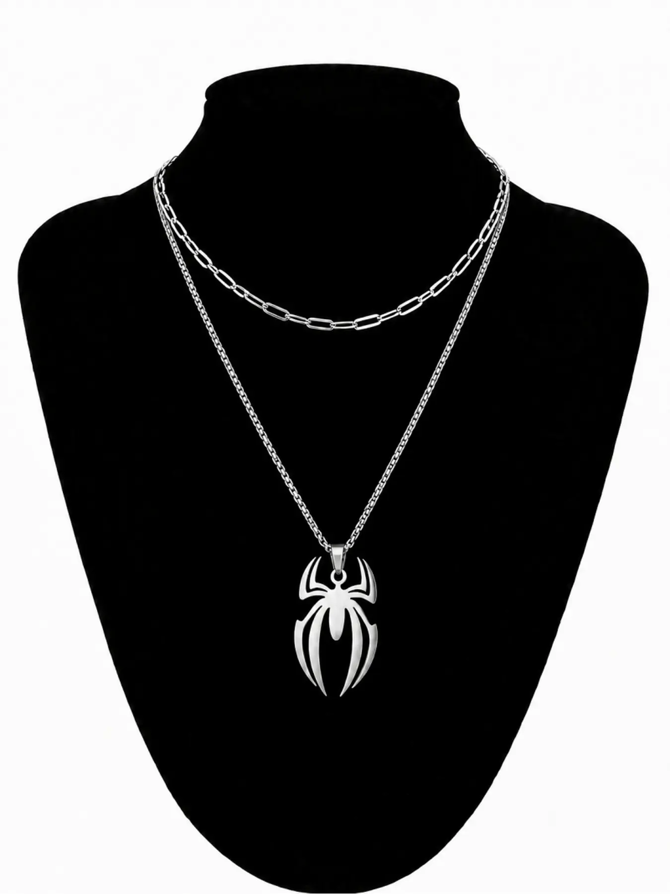 2Pcs Layered Spider Pendant Necklace Set, Gothic Hollow Spider Stackable Neck Chain, Unisex Punk Fashion Daily Accessory Gift