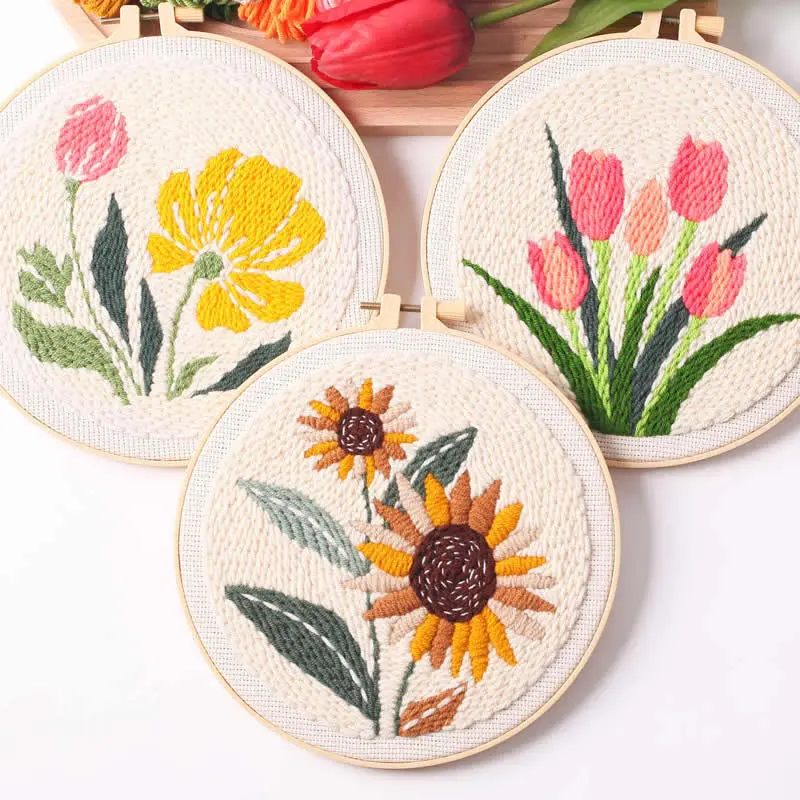 Punch Needle Embroidery Kit for Adults, 3 Pack DIY Handmade Craft Set Including Patterned Fabric and All Materials, 3Pcs, All Seasons, Embroidery Kit For Beginners, Punch Needle Kits