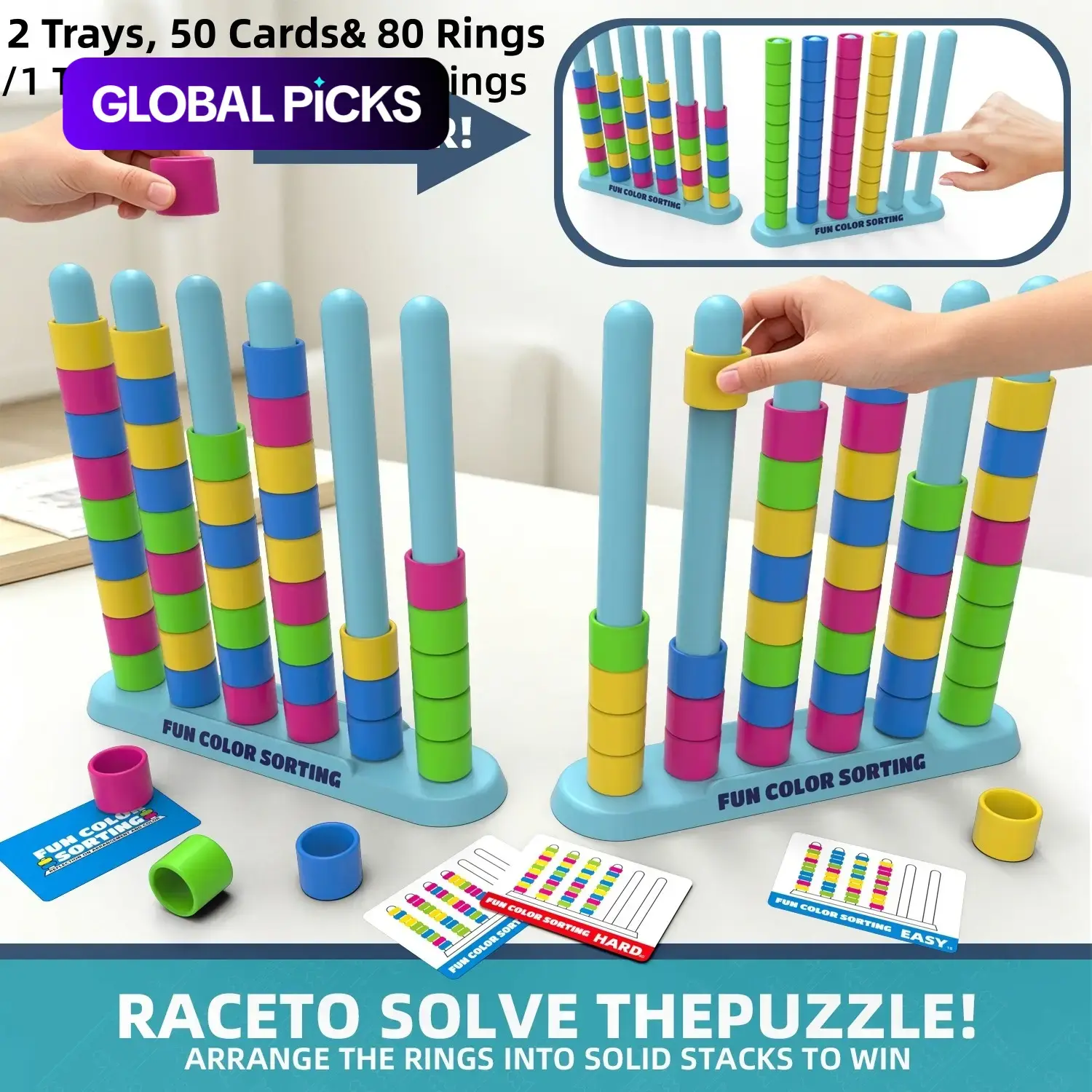Color Stack Challenge Game, Family Fun Game, Fast-Paced STEM Color Sorting and Stacking Puzzle for Kids Ages 3–8, with 2 Trays, 50 Double-Sided Challenge Cards and 80 Rings #GLOBAL PICKS