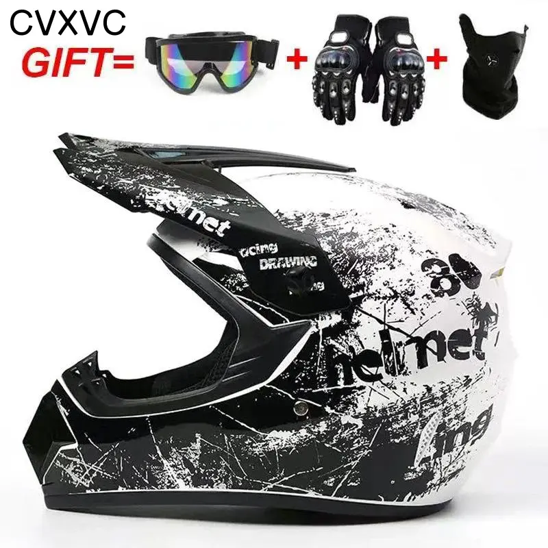 CVXVC Motocross Helmet, DOT Certified 4-Piece Full Face Helmet Set with Goggles, Gloves & Mask for Adults, Floral Graphic, Ventilated Design for Dirt Bike, ATV and Off-Road Trail Riding, Quick-Release Buckle and Breathable Liner, Sizes S-XL