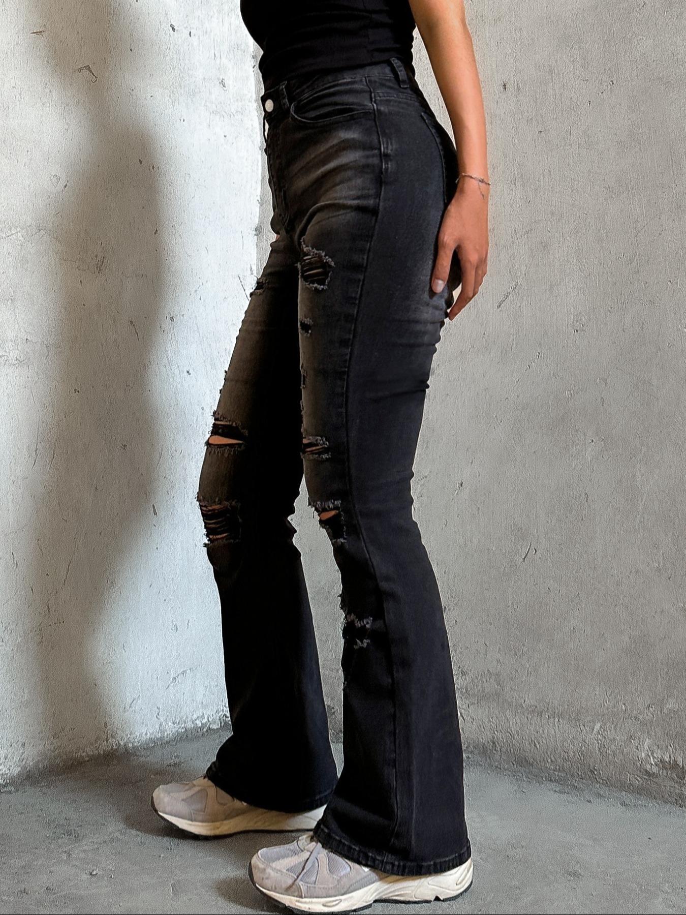 Women's  Ripped Distressed Dark Wash Skinny Stretchy Jeans, Fashion Casual Denim Trousers for Daily Outdoor Wear, Ladies Bottoms for All Seasons