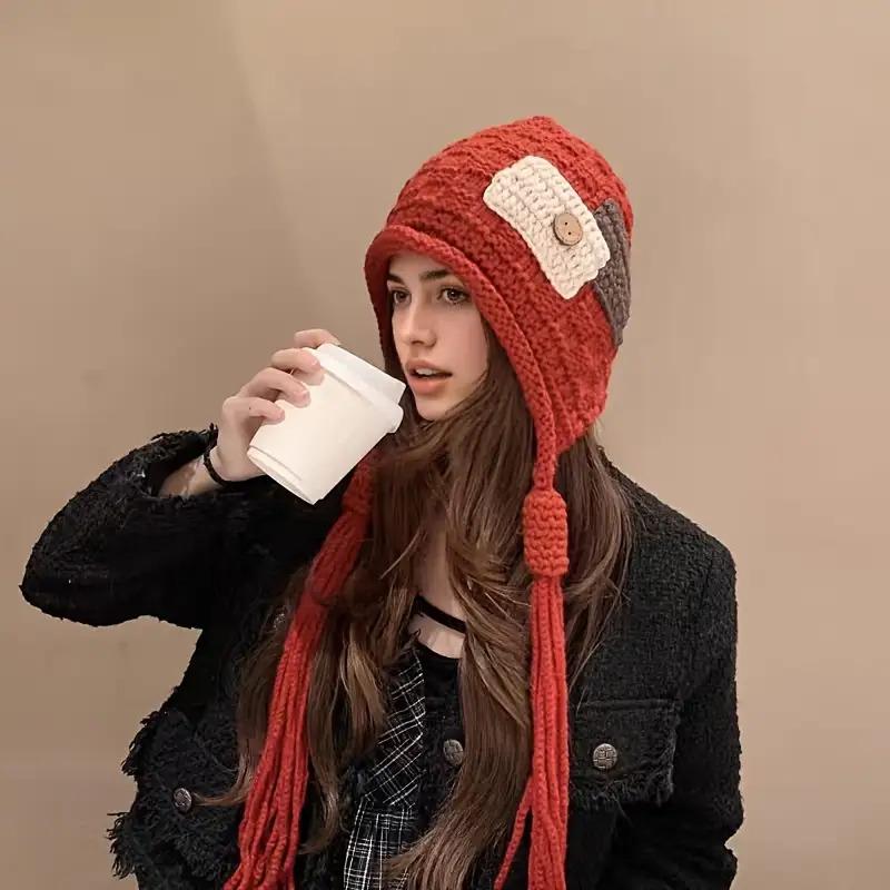 New Fashion Patchwork Tassel Knitted Women's Winter Peru Earflap Hat, Ski Hat, Warm Lined Neck Warmer Scarf Windproof Cycling Hat