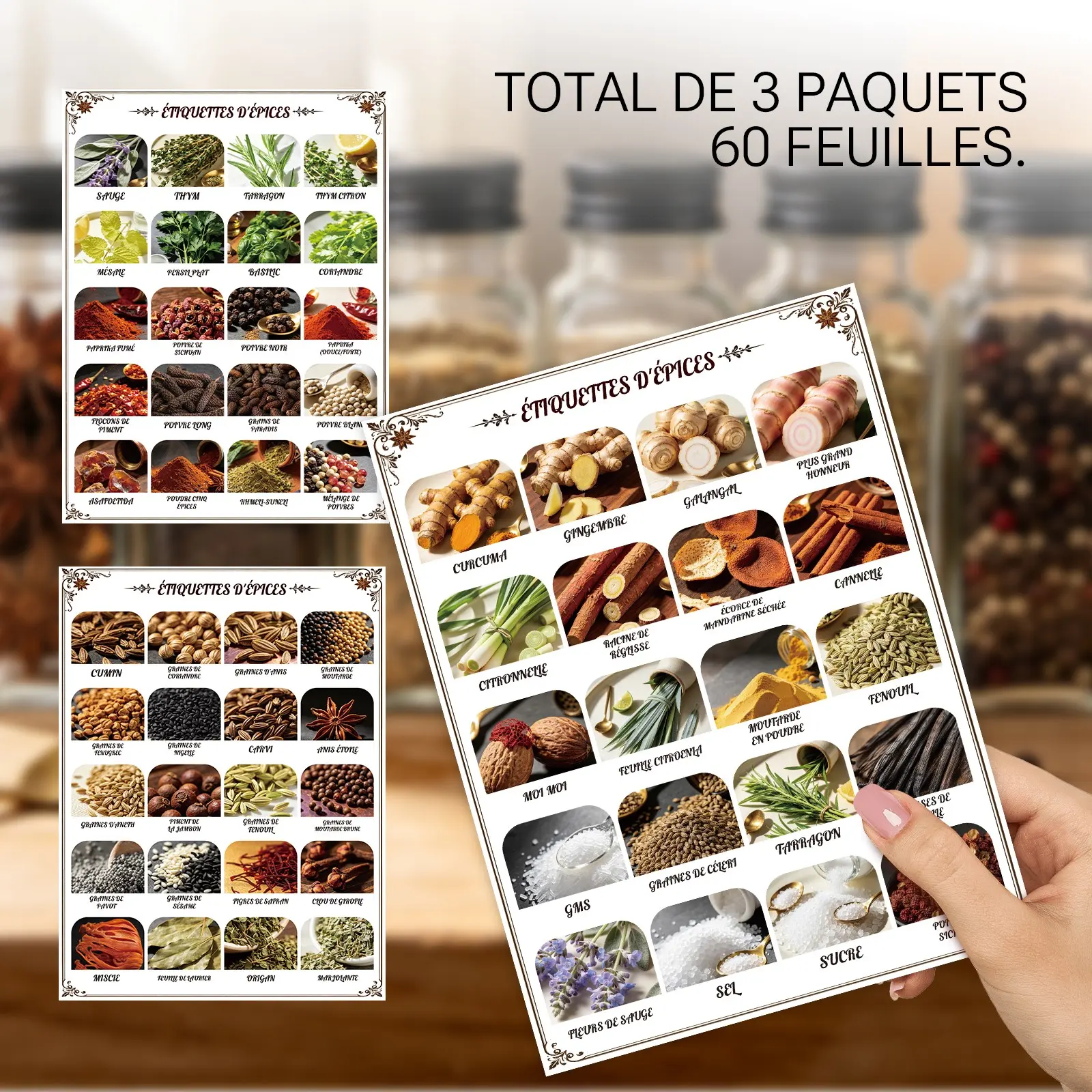 French Text Spice Jar Vinyl Label Stickers, 60Pcs Herb & Seasoning Tags, Labels for Kitchen, Waterproof, Scratch Resistant, Durable, Removable Without Residue