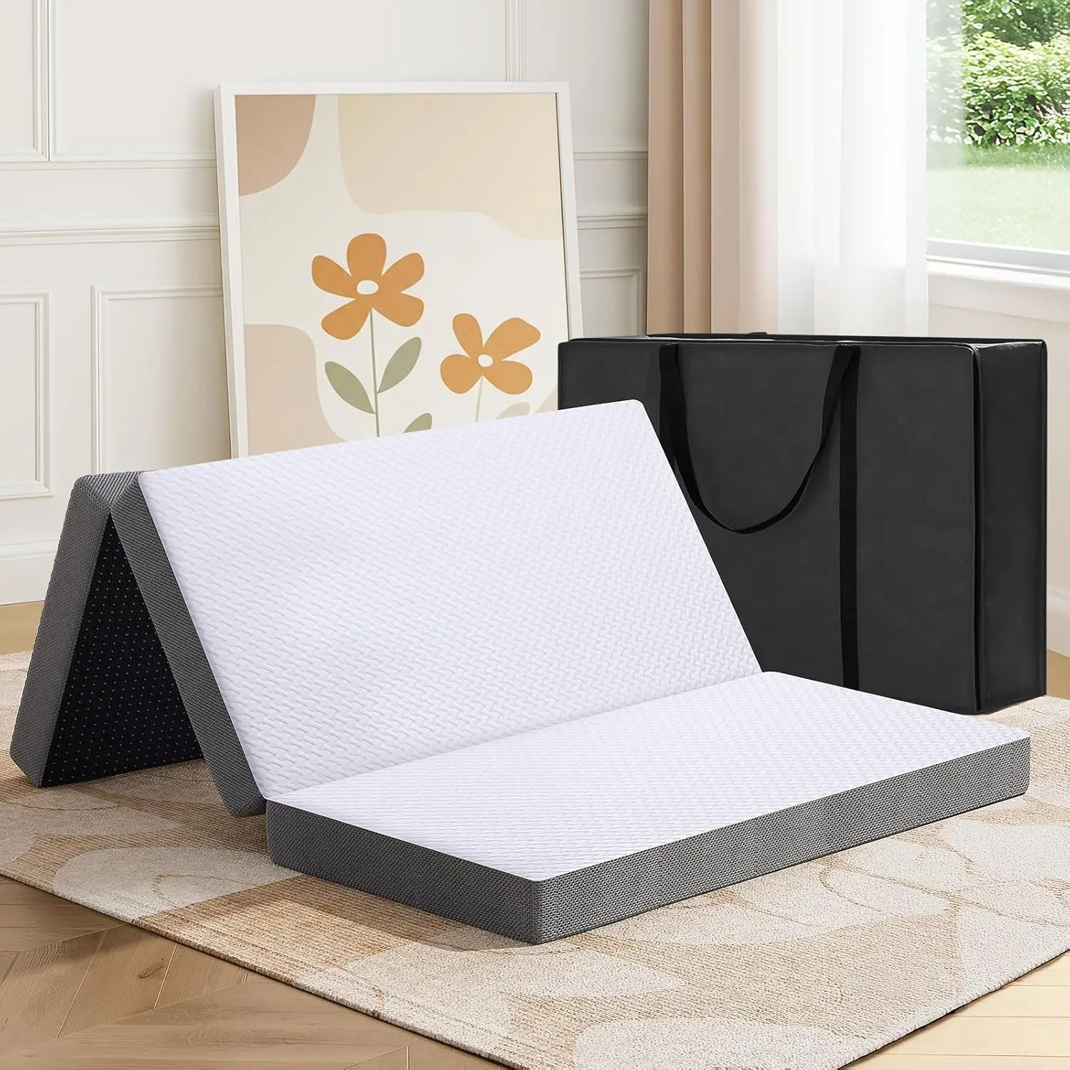 Trifold Mattress, 4 Inch Memory Foam Foldable Mattress with Washable Cover, Tri-Folding Floor Bed for Camping, Twin XL