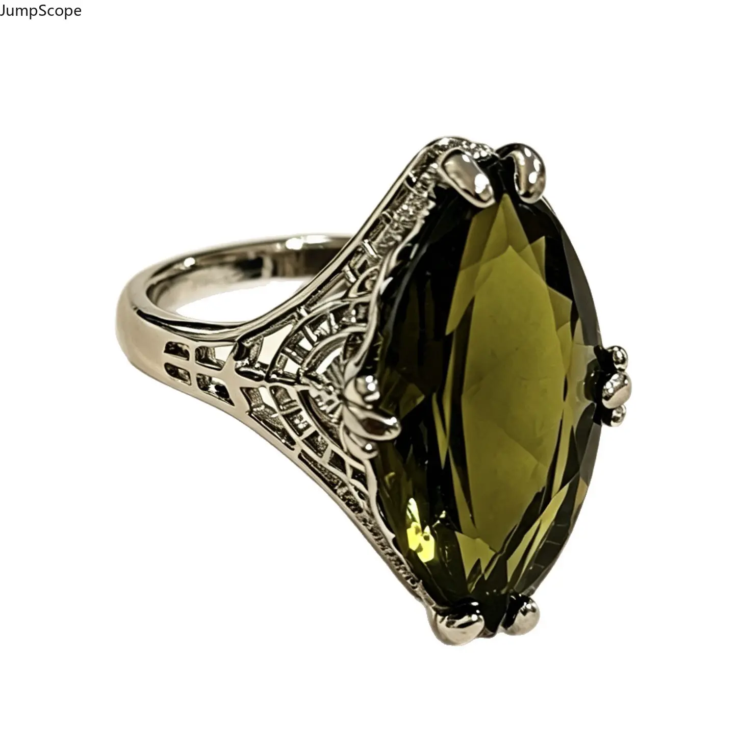 Women's Vintage Edwardian Openwork Filigree Statement Ring - Marquise Shape Peridot Tone Gem, Mdf-Steel, Anniversary Gift, Elegant (Vintage Rings for Indoor Leisure)