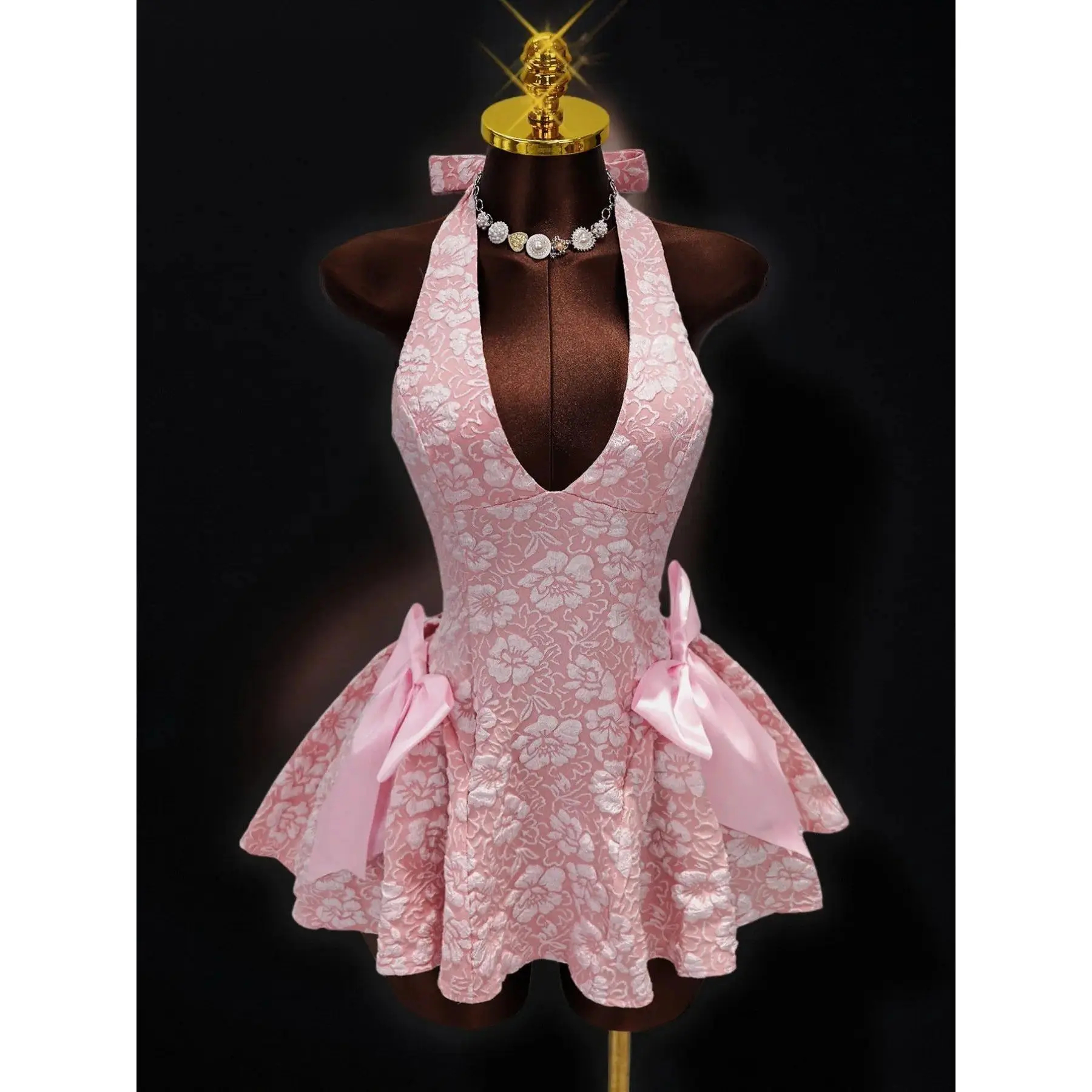 Summer New Sakura Embossed Halter Dress, Chic Feminine Elegant, Side Large Bowknot Decoration, A-Line Short Skirt, Wedding Bridesmaid/valentine's Day Date Princess Dress, Formal