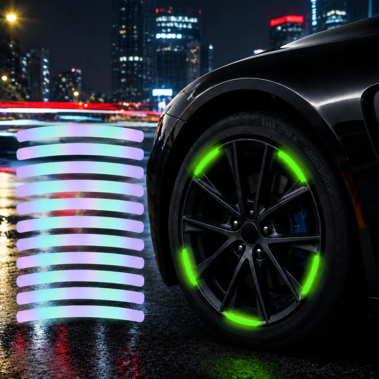 40Pcs Universal Flexible High-Vis Night-Glow Wheel Hub Reflective Sticker Set, Shock-Resistant Peel & Stick Tire Rim Tape Decals for Cars/Motorcycles Night Driving Safety, SUV Truck Exterior Accessories, Cars/Bikes/Suvs/Trucks