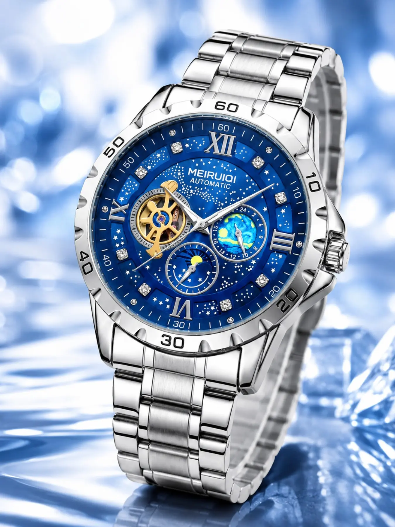 Men's Automatic Mechanical Watch, Silver Color Stainless Steel Strap, Deep Blue Dial, Diamond Roman Numerals, Multi-Function, Waterproof
