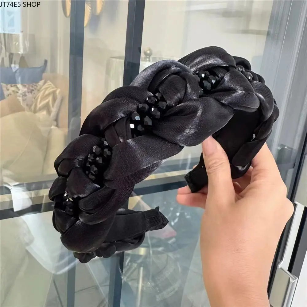 Women's Elegant Black Organza Wide Headband - Woven Crystal Accents, High-End Padded Statement Hairpiece