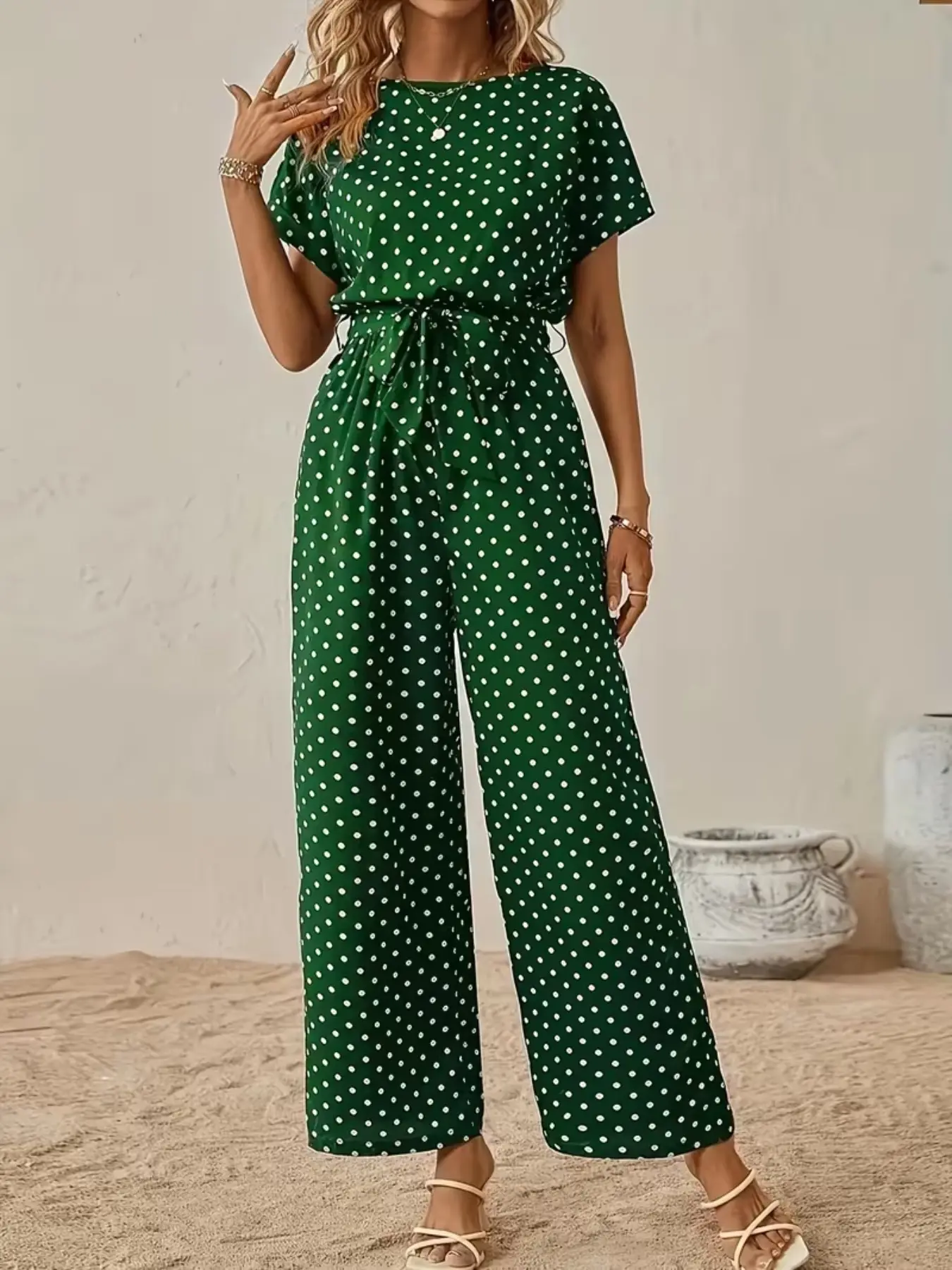 Elegant Women's Polka Dot Romper, Batwing Short Sleeve Waist Tie Wide Leg Romper, All-Season Casual One-Piece for Ladies