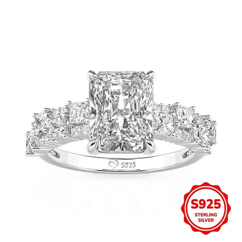 Women's S925 Silver Full Moissanite Engagement Ring with Tapered Baguette Cut Accents, Casual-Wear Ring