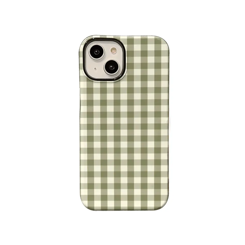 Olive Green Beige Gingham Plaid Phone Case, Retro Forest Style for iPhone 17 16 15 14 13 12 11 Plus Pro Max, Trendy Decor Gift