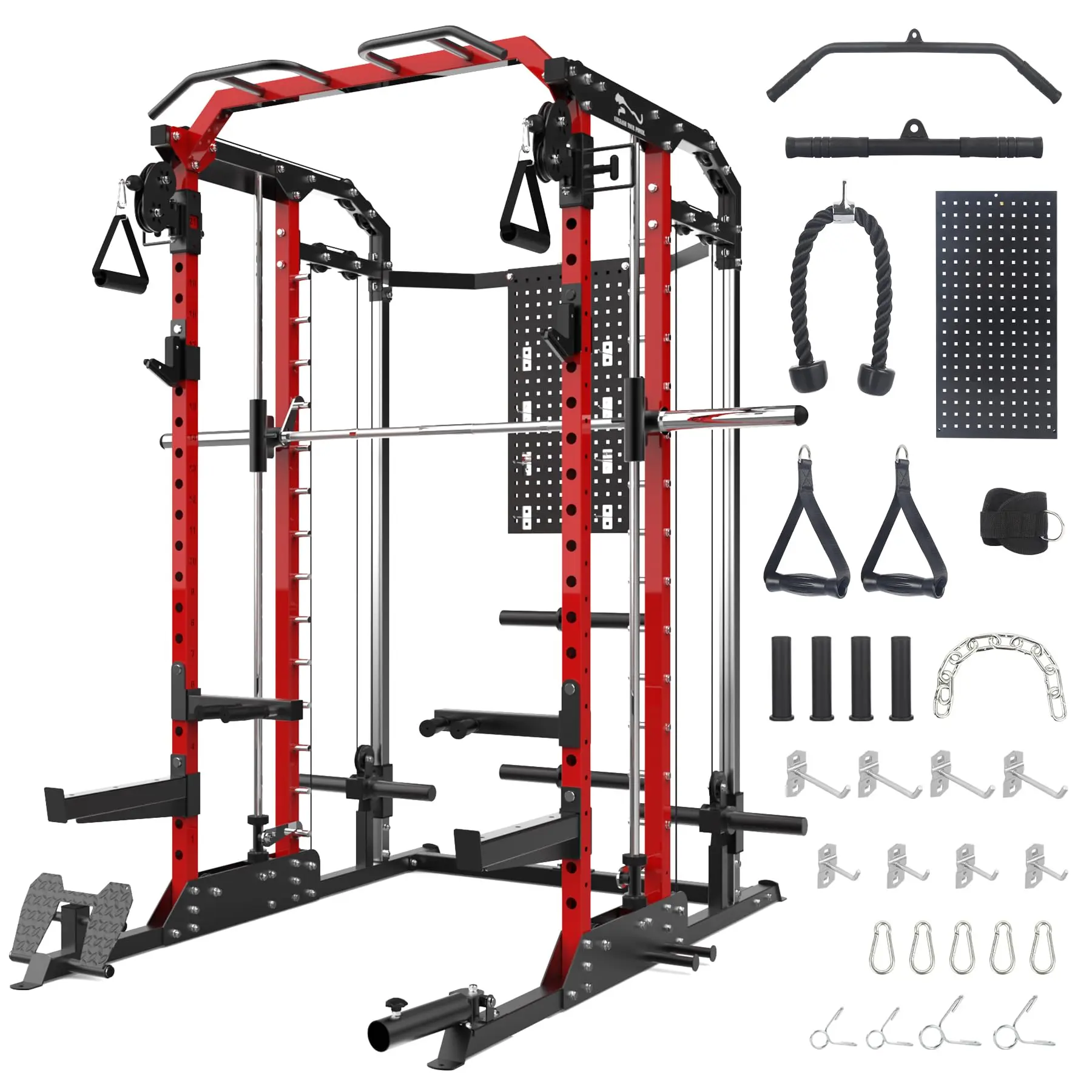 Multi Functional Smith Machine Functional Trainer Combo - 2"x2" Steel Power Cage with Dual Cable Pulley System, J-Hooks, Dip Bar, Landmine for Home Gym Strength Training