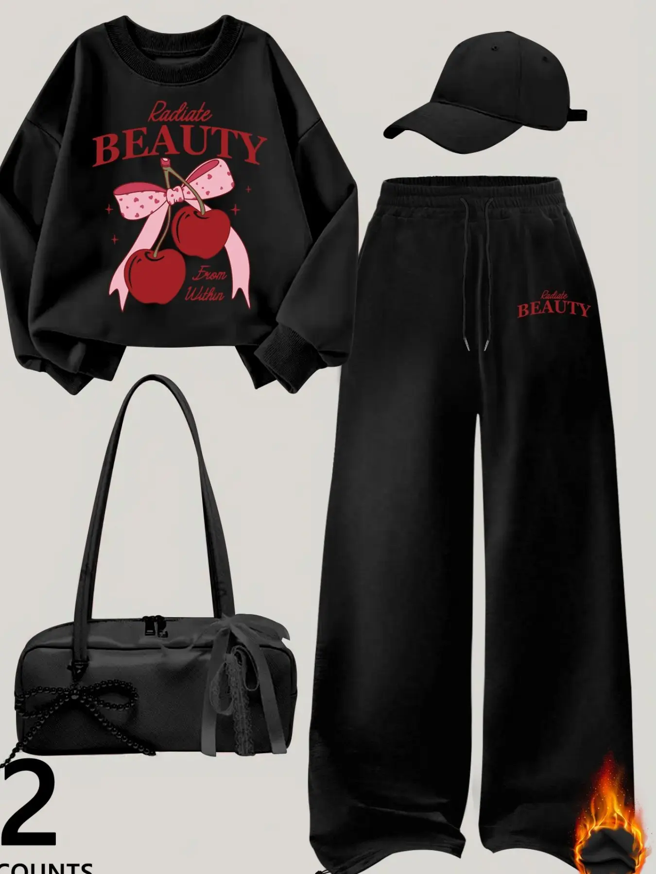 2PCS Tracksuit Set Women Coquette Black Cherry Bow Sweatshirt and Wide Leg Pants for Unisex Streetwear Daily Wear