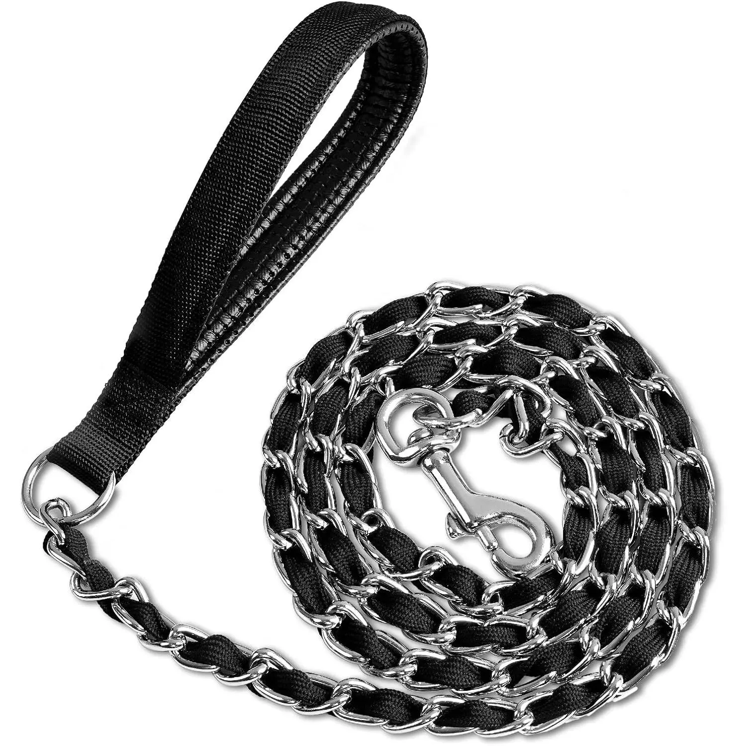 Heavy Duty Coated Metal Chain Dog Leash - Nylon-Reinforced, PU Leather Padded Comfort Handle, Swivel Clasp, Quick-Release Buckle, 300lb+ Strong Pull, Chew Resistant for Medium-Large Dogs Walking (4FT, 3.0mm; 6FT Option Available) Black