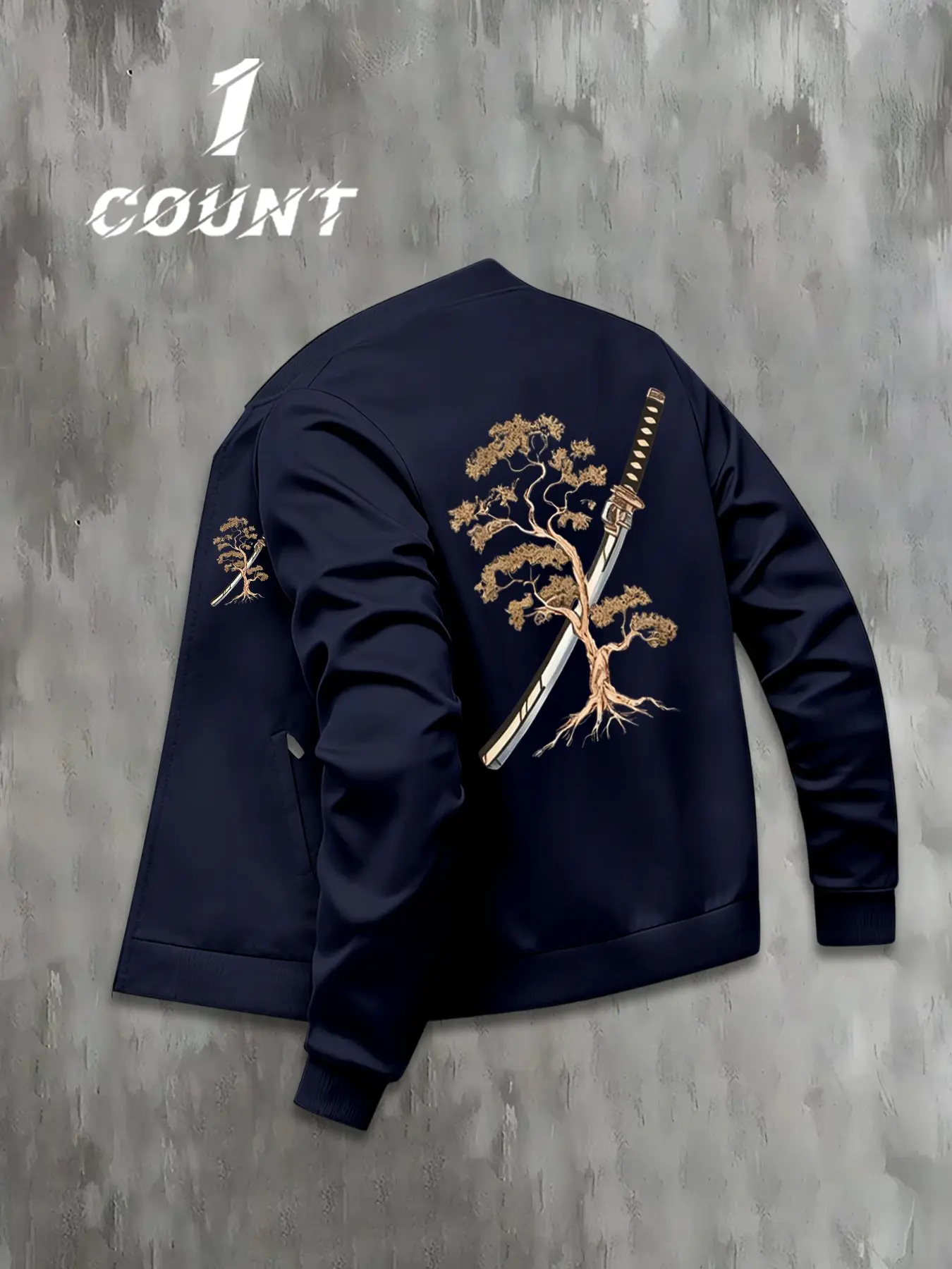 Men's Navy Pine Tree Samurai Print Baseball Flight Jacket Long Sleeve, Japanese Style Loose Fit Stand Collar Zipper Thin Coat, Casual Outerwear Menswear