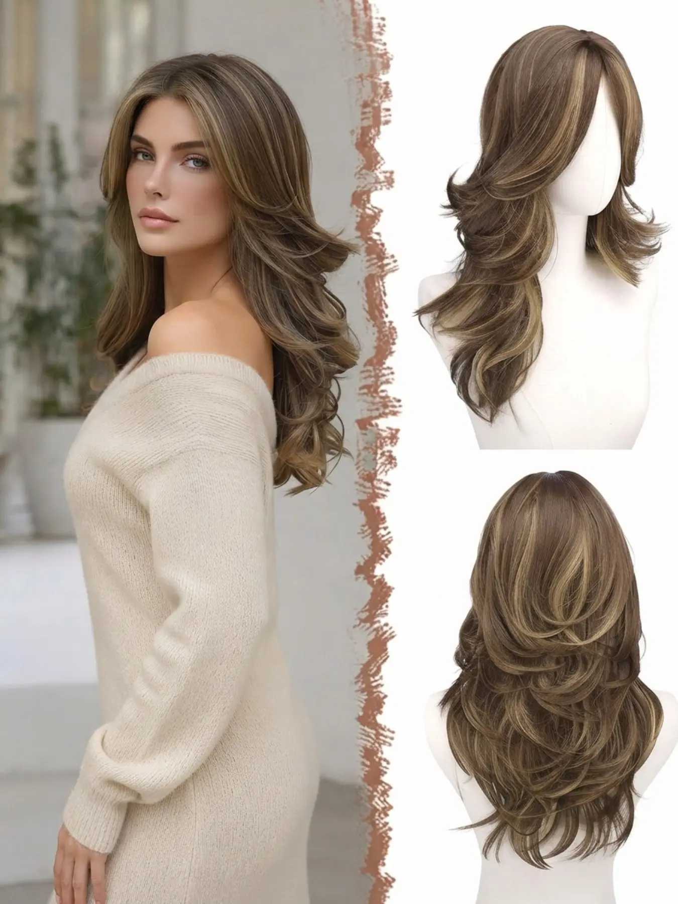 Long Layered Wavy Wig for Women Natural Ash Brown Highlight Synthetic Hair Wig Middle Part Feathered Cut Heat Resistant Soft Realistic Full Synthetic Fiber Wig for Daily Wear Party Cosplay Wedding Vacation Hair Replacement Synthetic Wigs