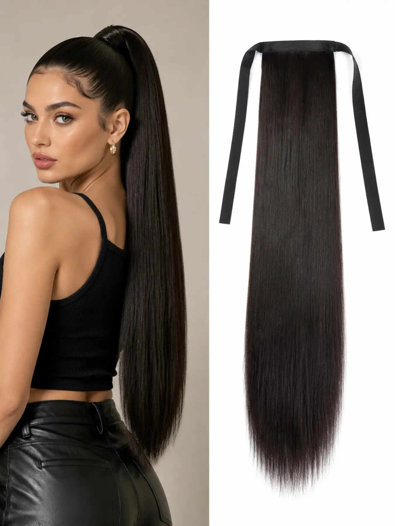 24/34 Inch Wrap Around Ponytail Extension for Women, Synthetic Long Straight Ponytail Hairpiece, Adjustable Tie Up Hair Extension, Natural Looking Instant Length & Volume