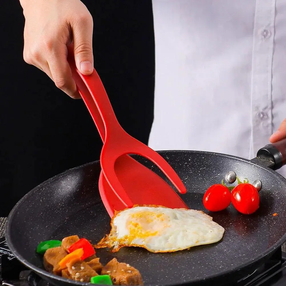 Egg Flipper Spatula 2 in 1 Grip and Flip Spatula Tongs Silicone Egg Flipper Tool Fish French Toast Tongs Non-Stick Cooking