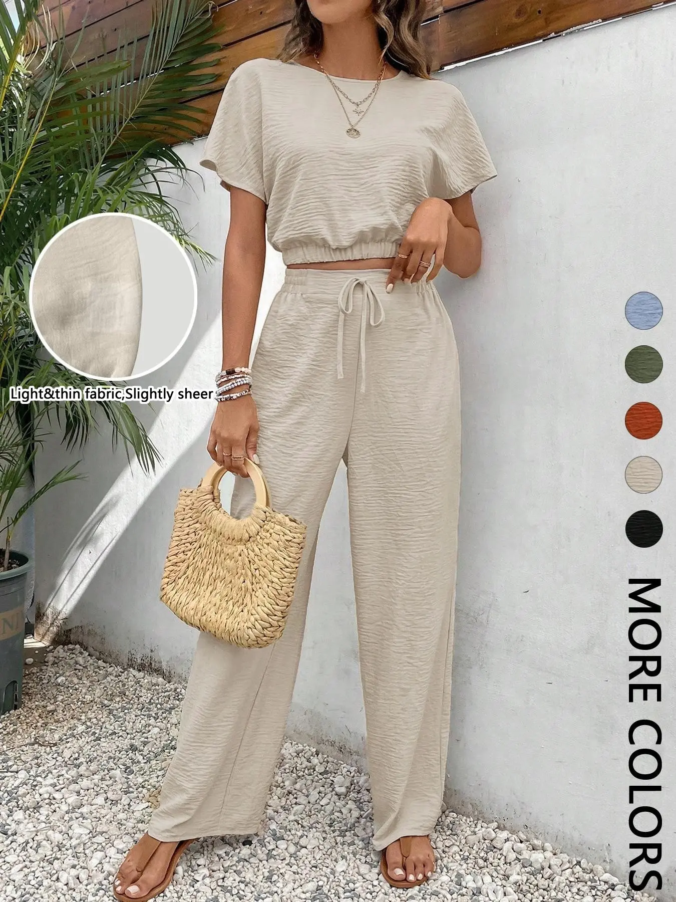 Women's Solid Color Top & Wide Leg Pants Two-piece Set, Casual Fashion Cozy Top & Trousers for Daily Outdoor Wear, Ladies Summer Clothes, Everyday