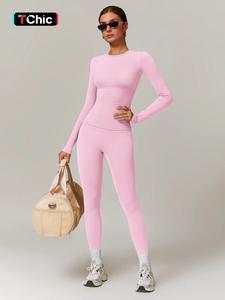 two-piece set women's solid long sleeve skinny tee & high waist leggings tracksuit set, sporty breathable outfits for yoga gym workout running fitness, activewear, ladies sportswear for all seasons, gym wear, workout sets women, women workout clothes