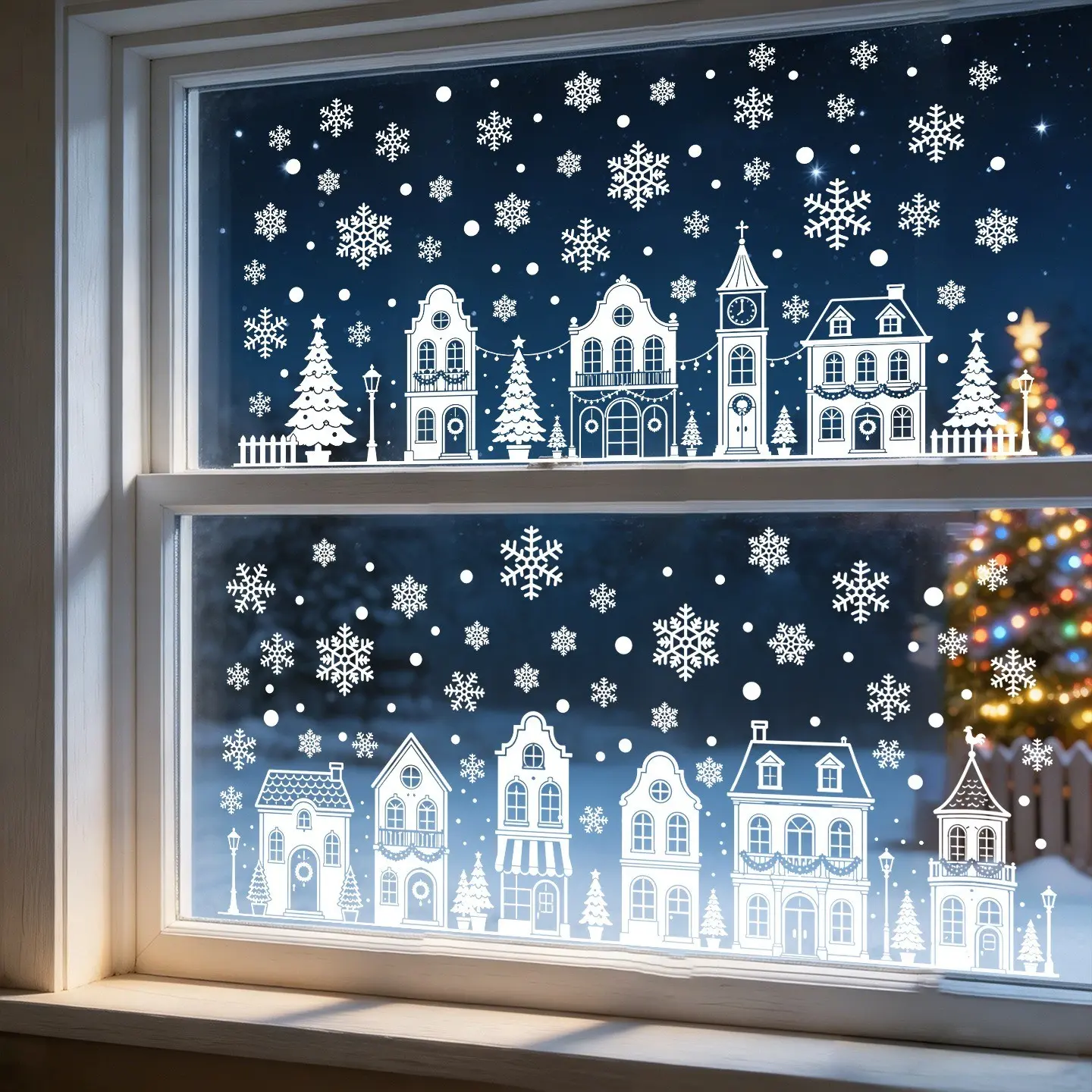 4 Sheets/set Christmas House Snowflake Window Stickers, Winter Village Cutout Stickers, Holiday Party Glass Display Decorative Static Stickers, Window Decals For Glass Windows