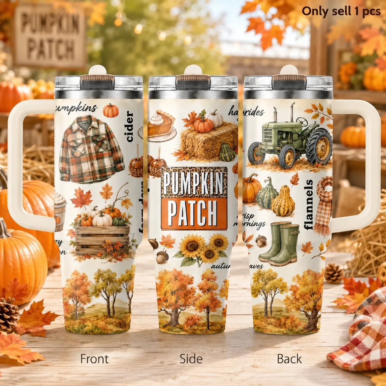 Autumn Pumpkin 40oz Tumbler – Fall Season Stainless Steel Insulated Travel Mug with Handle & Straw Lid for Coffee, Water, Thanksgiving, Office, Car, Cozy Autumn Gift Insulated Vacuum Tumbler