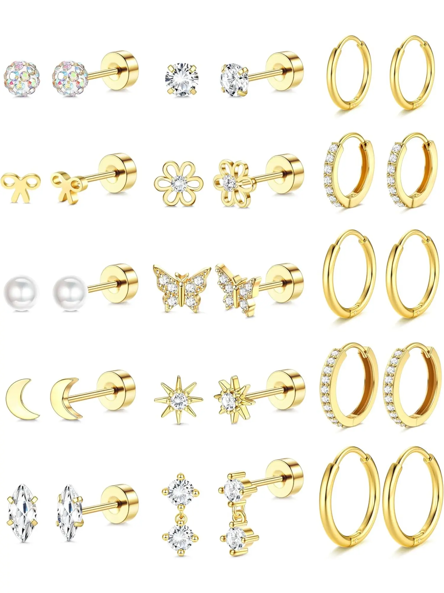 15 Pairs 316L Surgical Stainless Steel Flat-back Earrings for Women Girls 14K Gold-plated Surgery Earrings Earrings Girls Cute Earrings Earrings Set Small Huggie Hoops Cartilage Earrings Stack Trend Jewelry Flat Back Stud Earrings