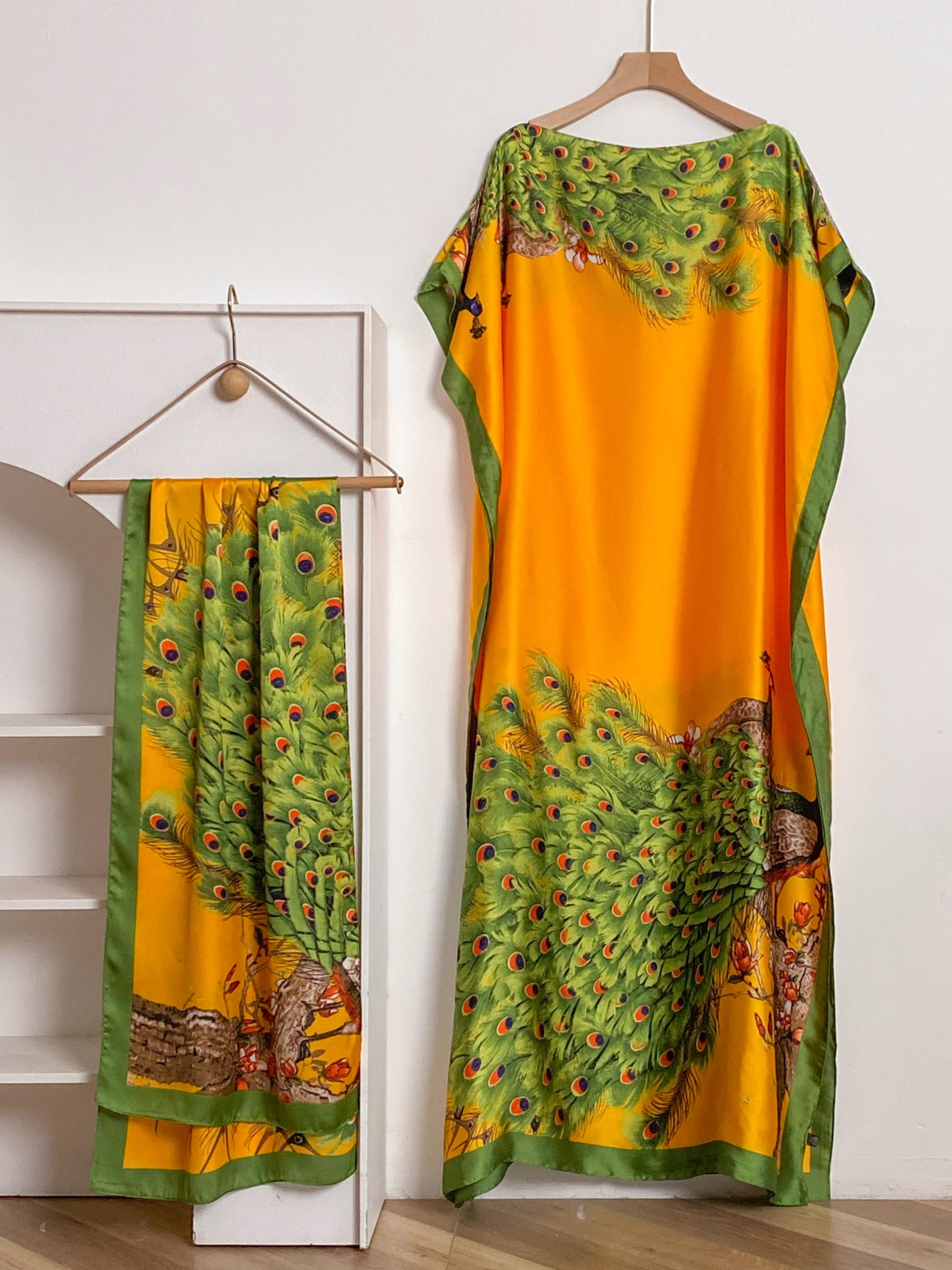 Women's Fashion Print Long Robe Set, Matching Moomoo Dress + Scarf Headband, Casual Woven Fabric, Thin All-Season Wear, Beach Sun Protection