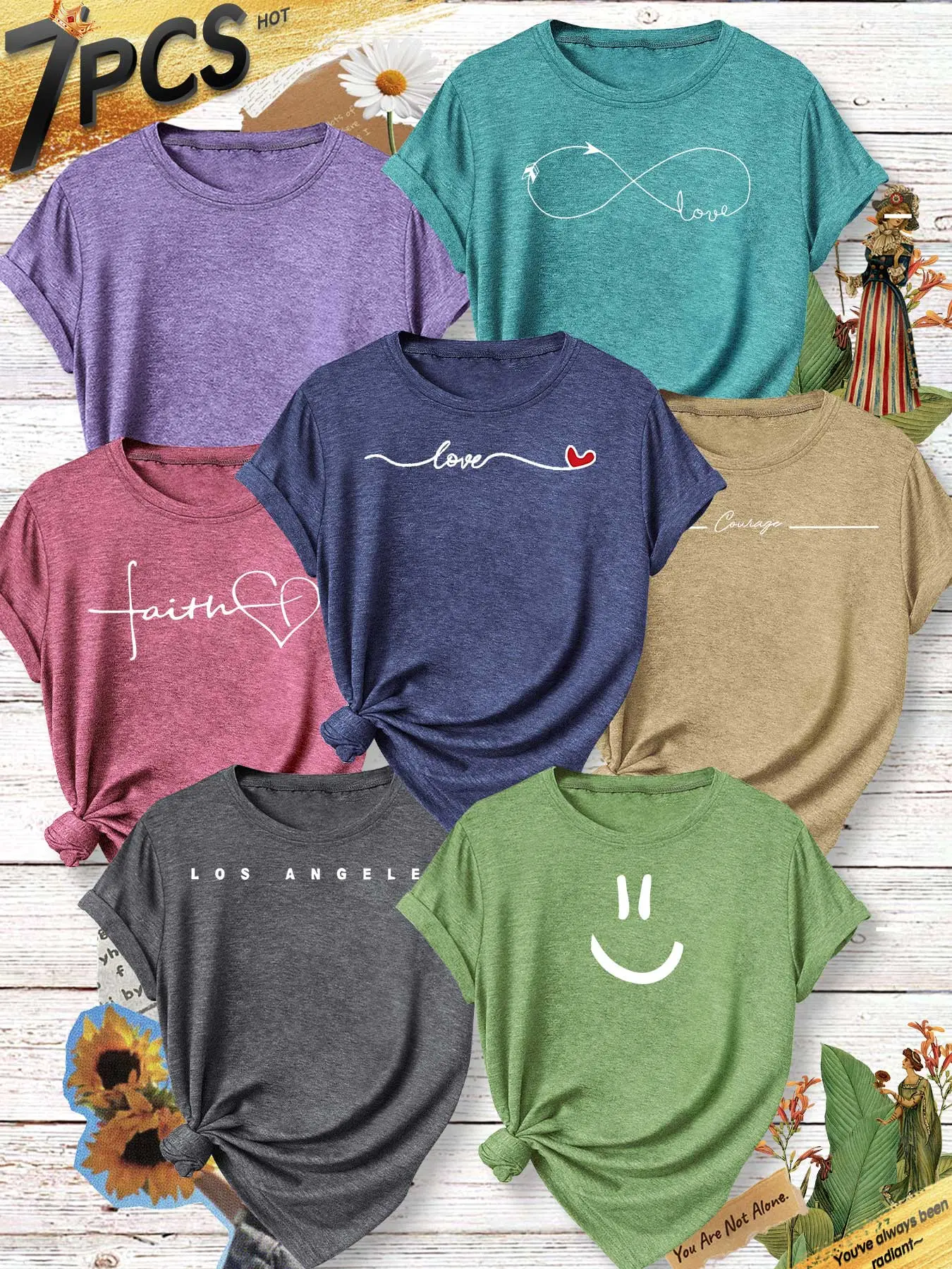7Pcs Plus Size Women Crew Neck T-Shirt, Casual Basic Tee, Minimal Inspirational Smile City English Quote Print, Multi-color Available, Machine Washable, Soft Skin-friendly Spring Summer Daily Stylish Top