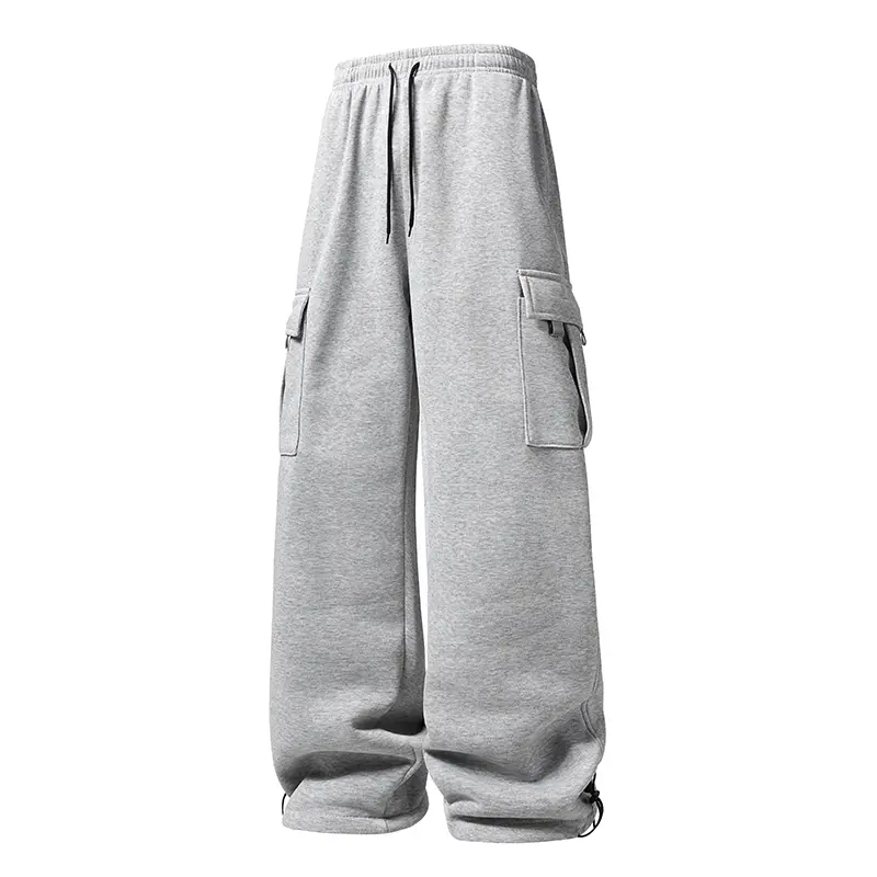 Men's Heather Gray Cargo Sweatpants, Elastic Waist With Black Drawstring Wide Leg Baggy Trousers With Large Side Cargo Pockets, Adjustable Drawstring Hem Casual Streetwear Long Pants For Daily Travel Workout Outfits