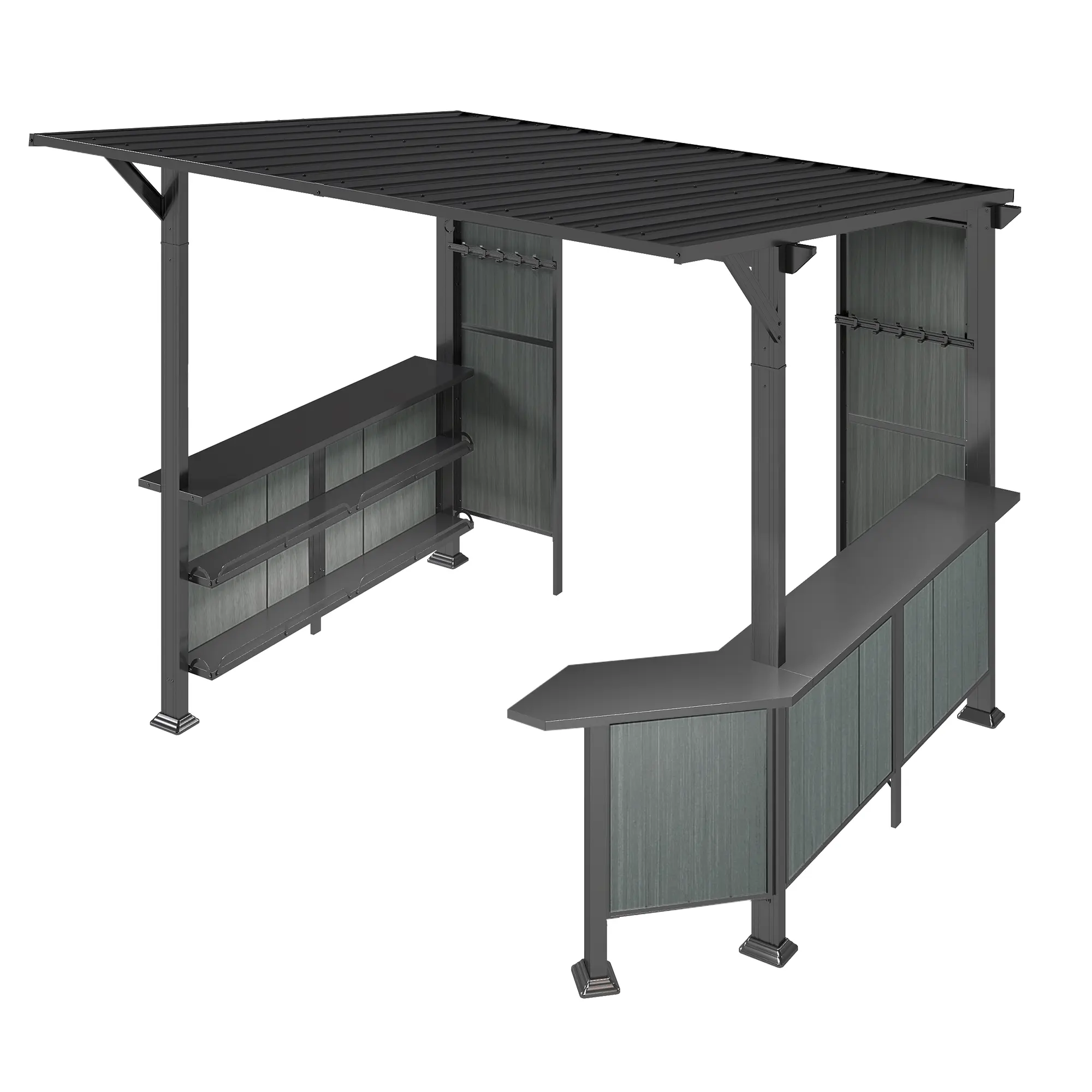 9x10ft Lean-To Design Galvanized Steel Hardtop Grill Gazebo - Solid Galvanized Steel Permanent Canopy with Built-In Storage Shelves, Expansion Platform, Assembly Required for Lawn Patio Backyard Outdoor Furniture