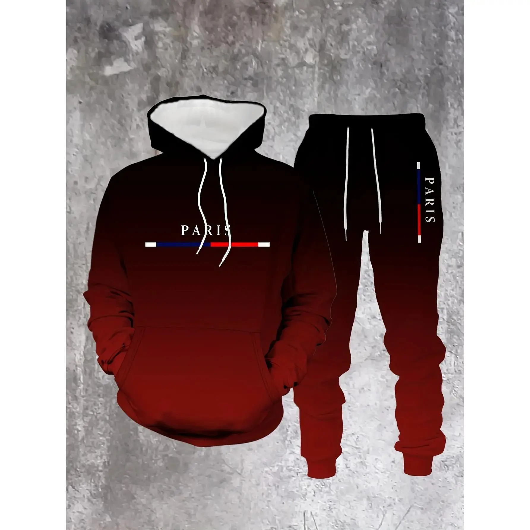 Autumn and Winter Black and Red Gradual Color Change 2026 Hot Selling Men's Street Fashion Hoodie Set