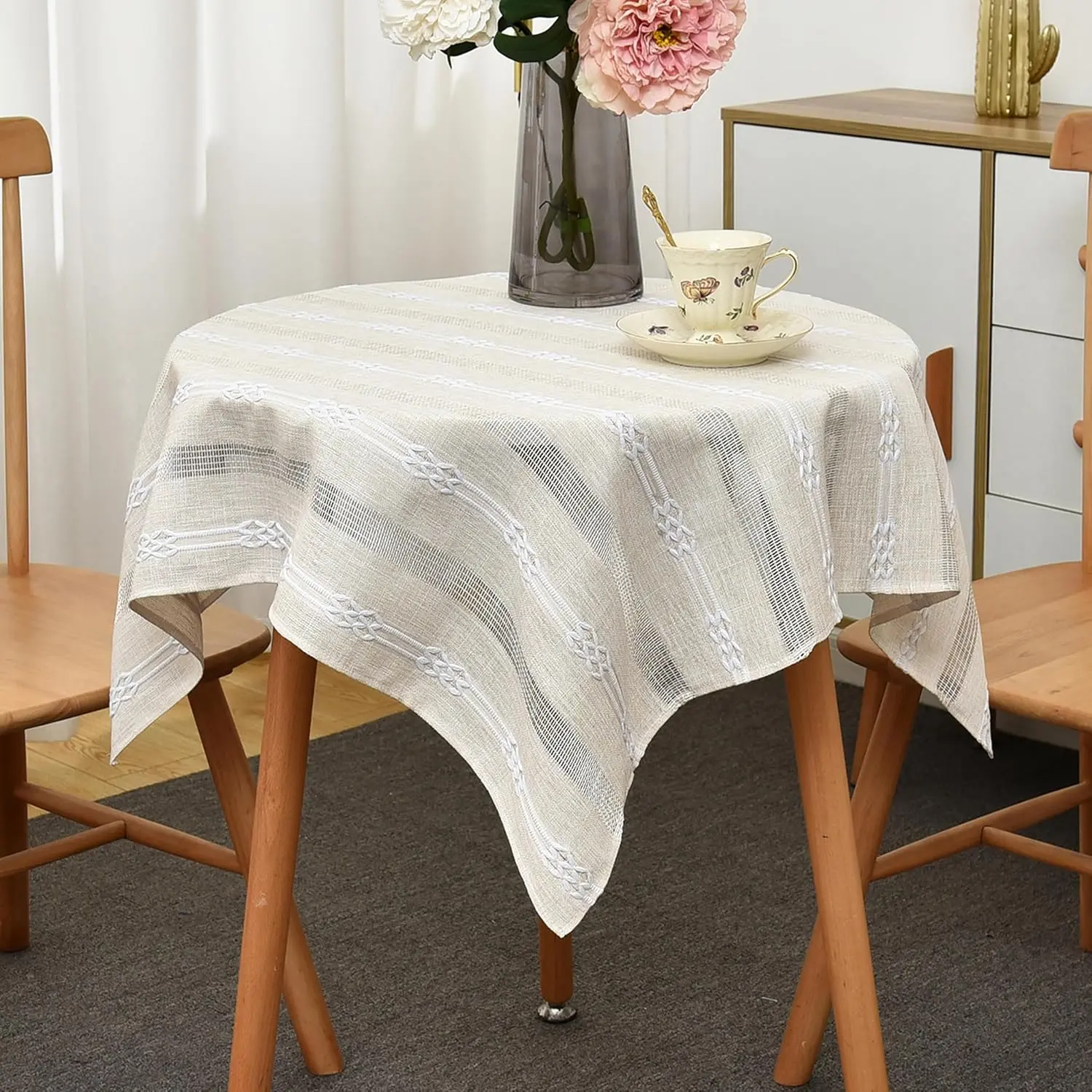 24x24 in Beige Rustic Striped Embroidery Openwork Heavy-Weight Linen Wrinkle-Resistant Small Square Tablecloth, End Table Cover for Nightstand Bedside Table Decor, End Table Decor