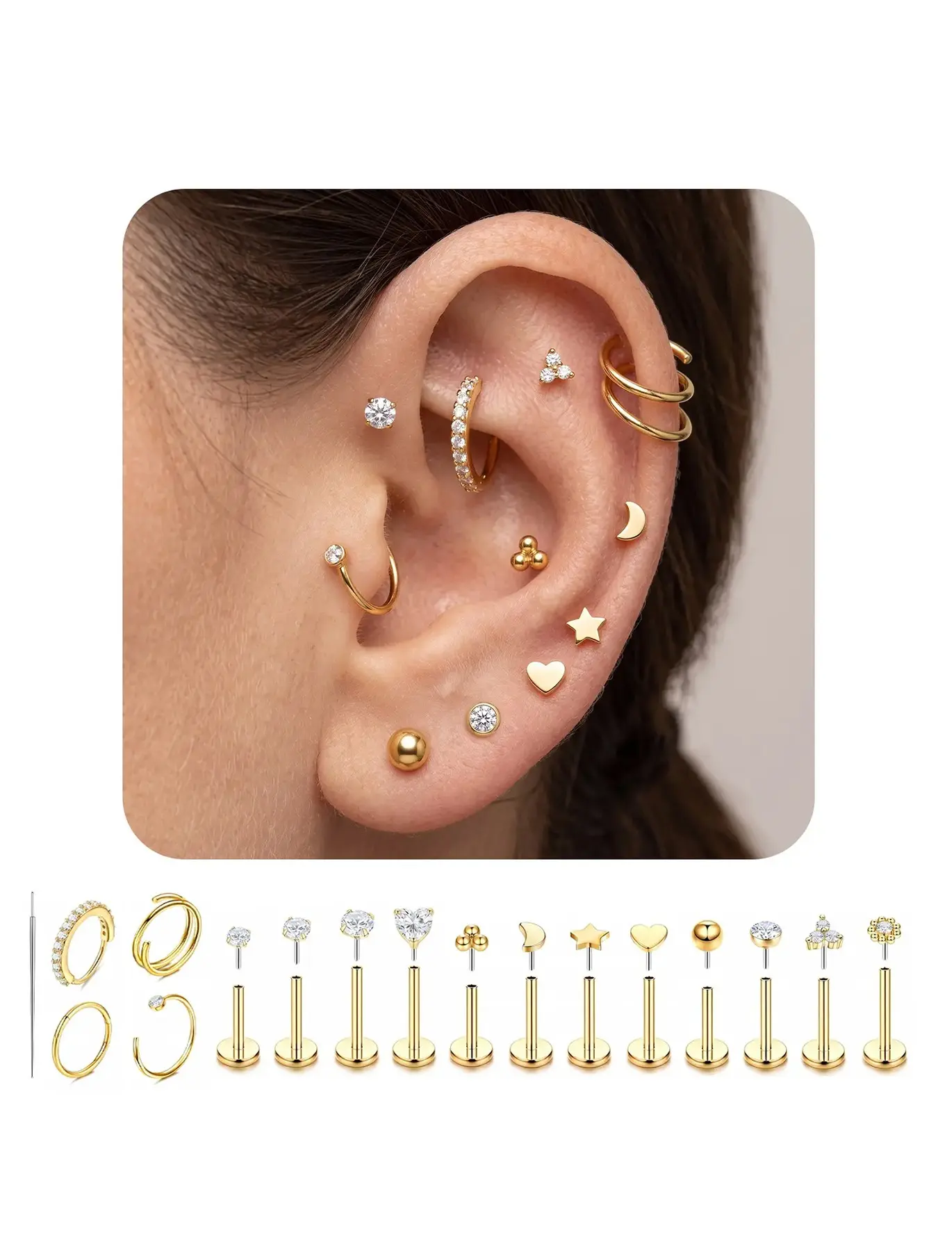 17pcs Stainless Steel Flat Back Earrings Set, Hypoallergenic Cz Stud & Hoop Earrings, Multiple Piercings, Insertion Guiding Needle Included, Earring Stacking Set